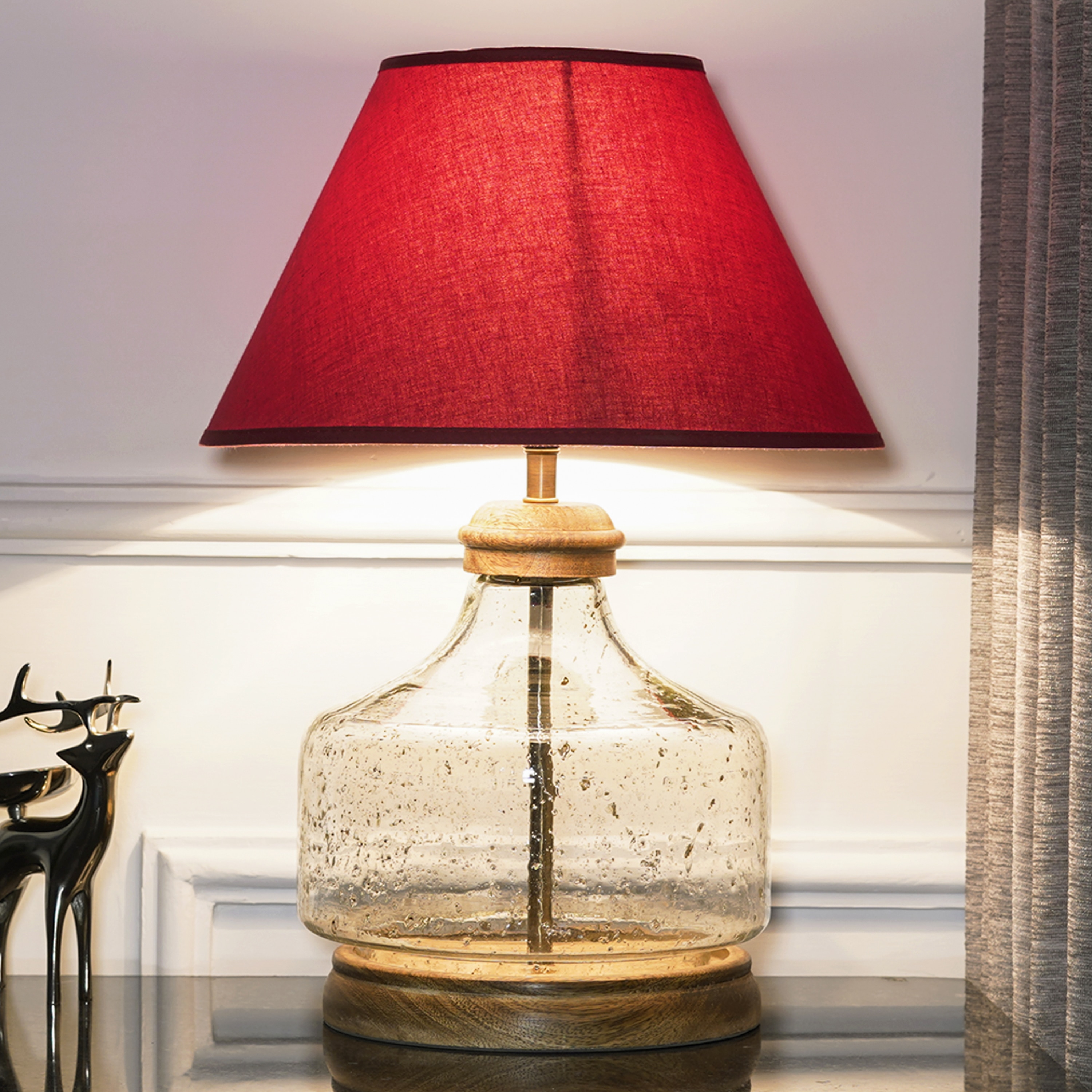 Tuscan Glass and Wood Table Lamp With Maroon Cotton Shade