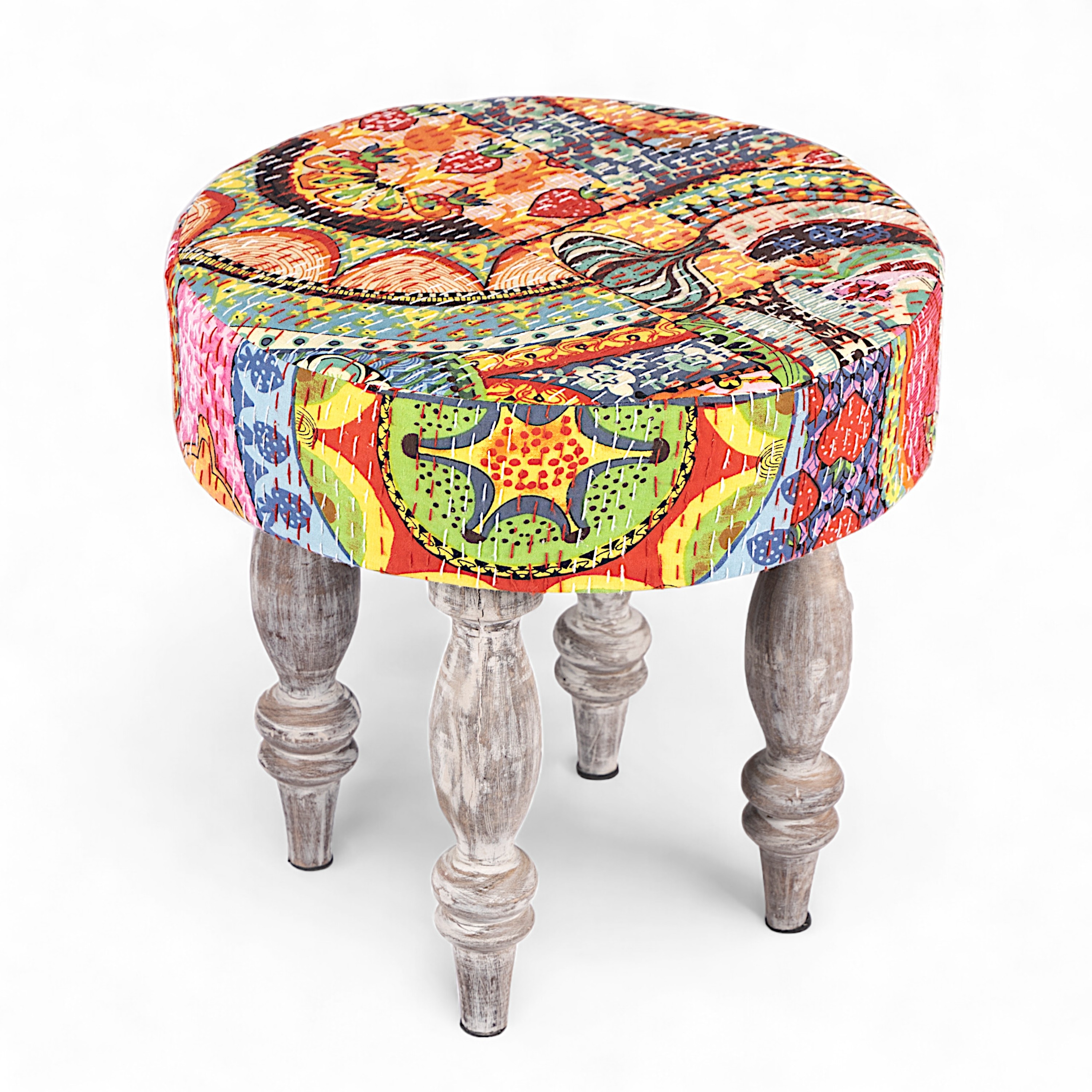 Bestone Sheesham Wood Bohemian 2+1+1 Seater Bench Set With 2 Stools In Israel Print Patchwork Kantha