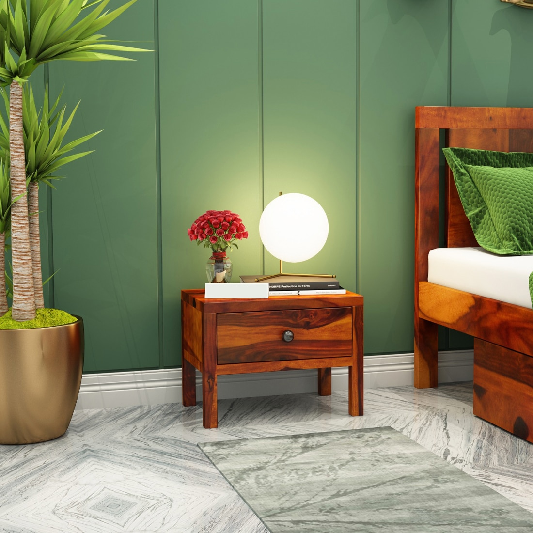 Rama Solid Wood Bedside Table in Honey Finish - Woodenmood