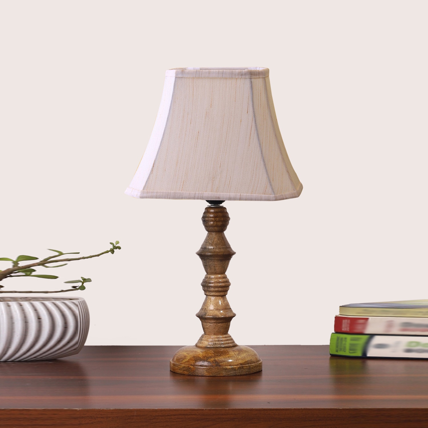 Devansh Off-White Cotton Vintage  Lamp With Wood Base (12X8X18.25) - Devansh
