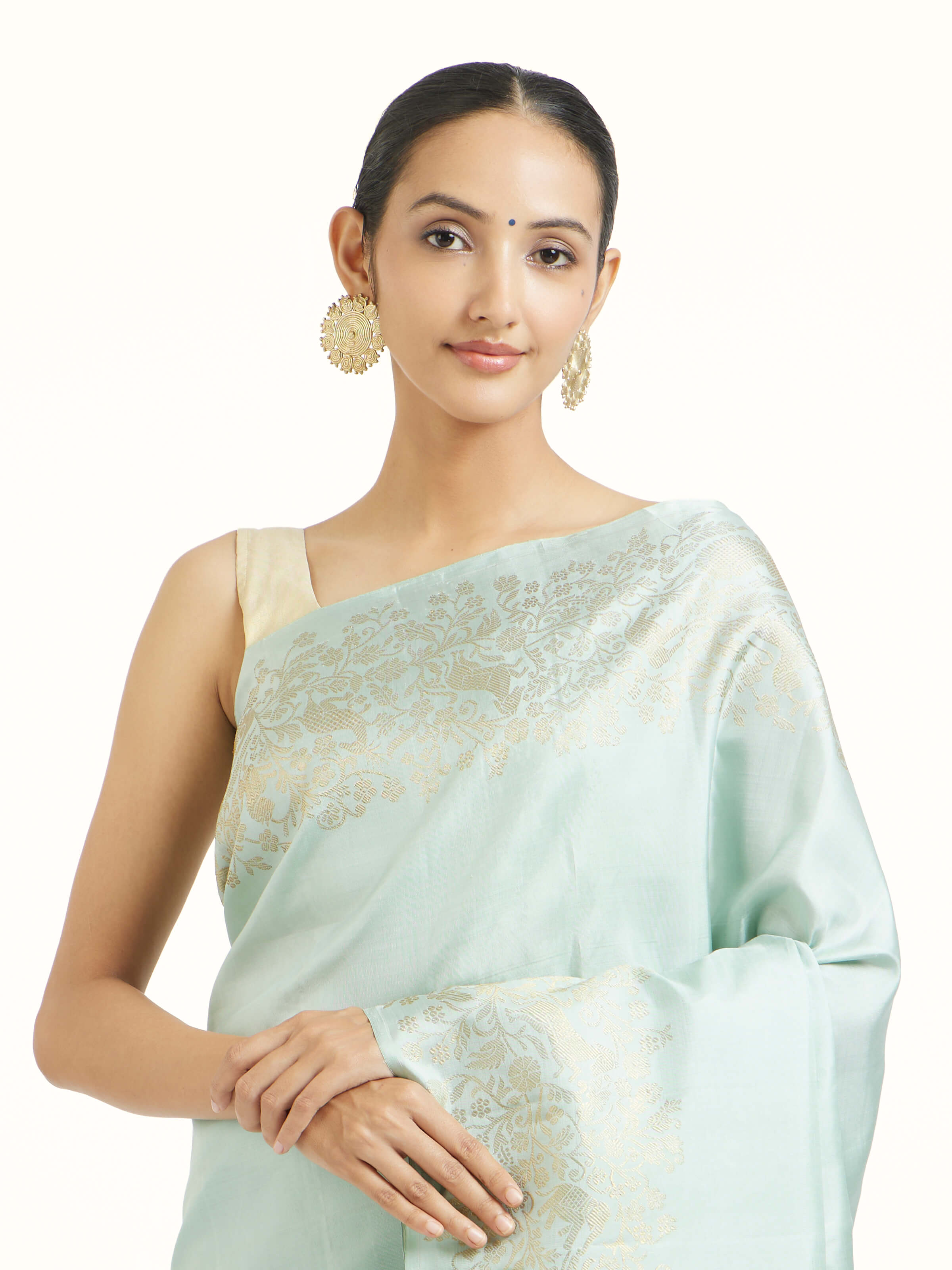 Angled view of blue silk Kancheepuram saree emphasizing traditional Kancheepuram weave