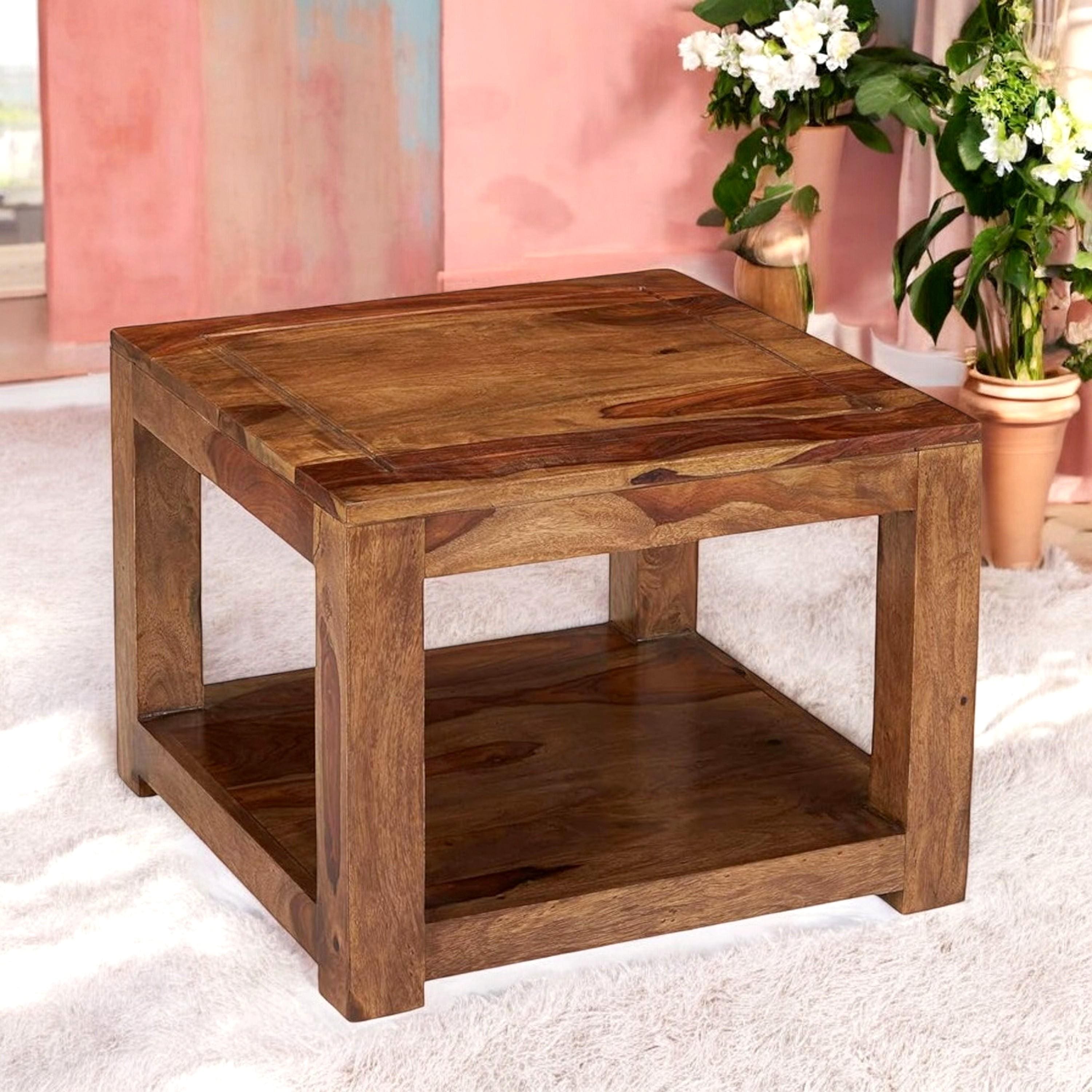 Lisbon Sheesham Wood Contemporary Square Coffee Table In Natural Teak Finish
