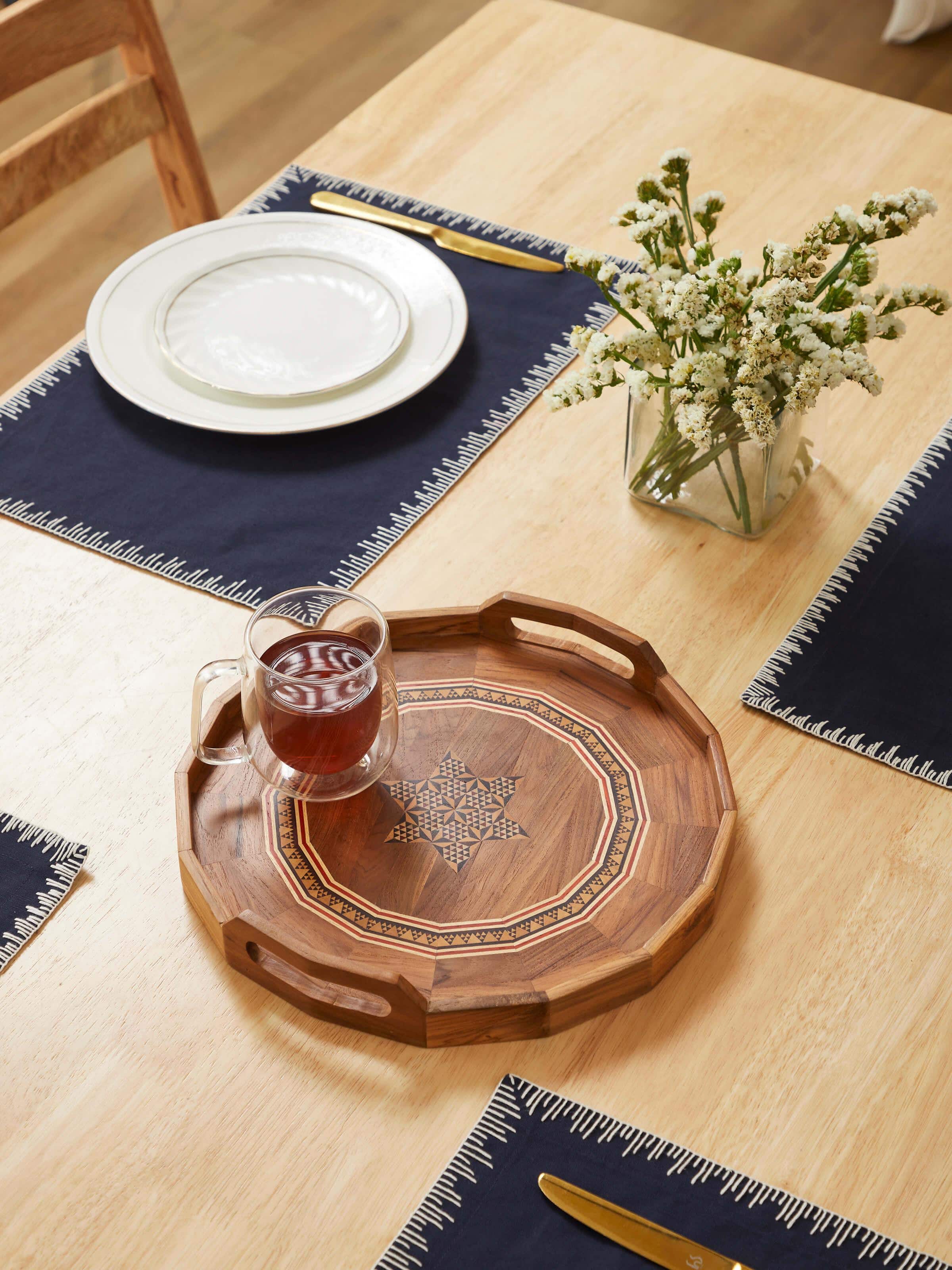Side view of Marquetry wood & MDF serving tray (12 x 12 inches) showing its sturdy construction and intricate details