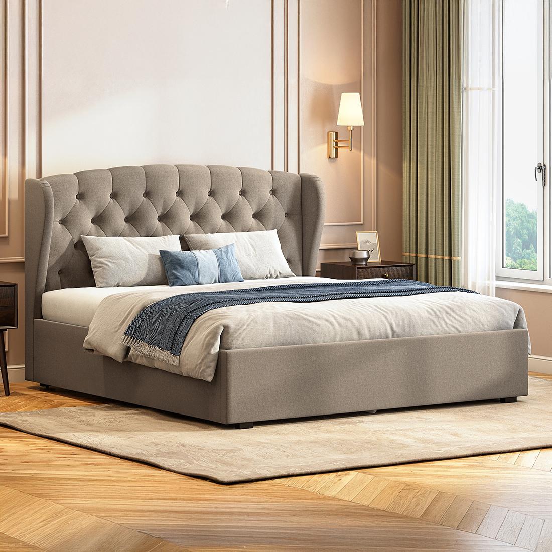 Holmebrook Upholstered Storage Bed In Hydraulic (Bed Size : King, Colour : Shitake Beige)