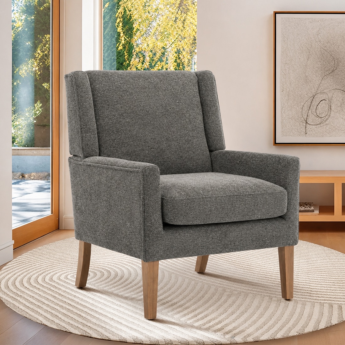 Leston Boucle Fabric Lounge Chair in Grey Colour - KURSIWALLAH