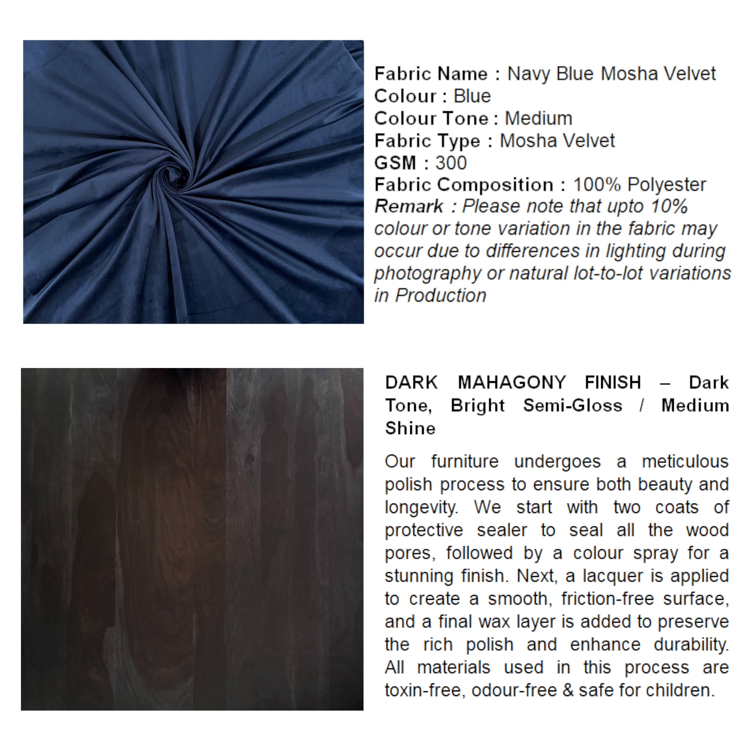 Rosslyn Sheesham Wood Accent Set of 2 Ottoman Pouffees in Navy Blue Velvet, Dark Mahogany Finish