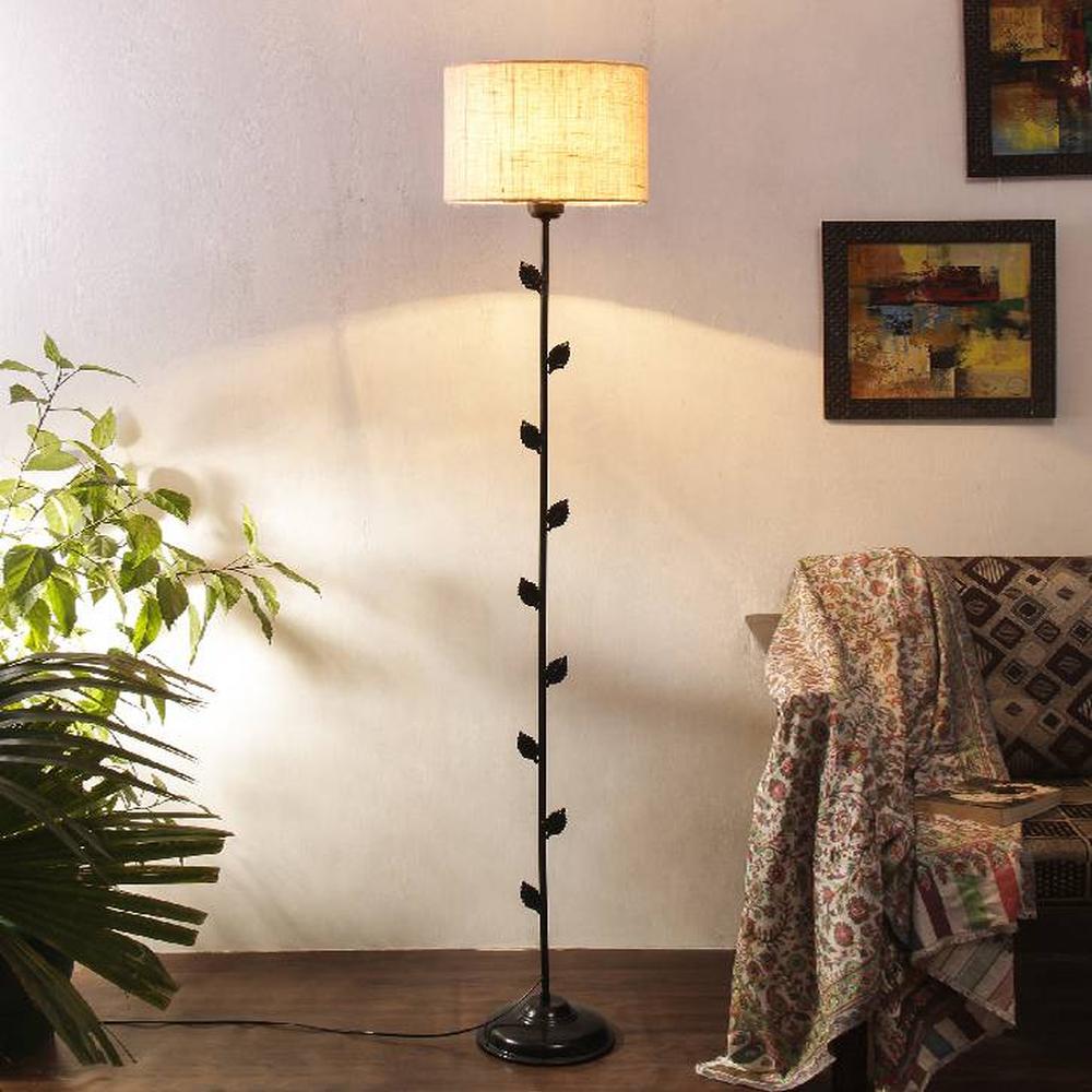 Lux White Natural Fiber Floor Lamp with Black Iron Base