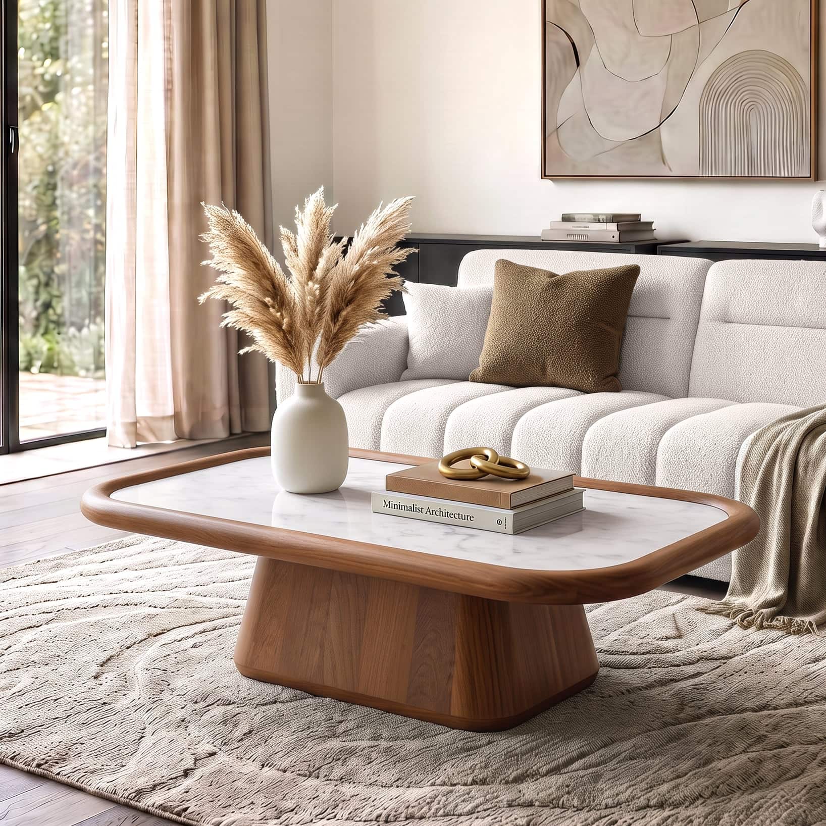 Lazo Solid Wood And Banswara Marble Rectangular Coffee Table In Amber Walnut Finish - Urban Ladder