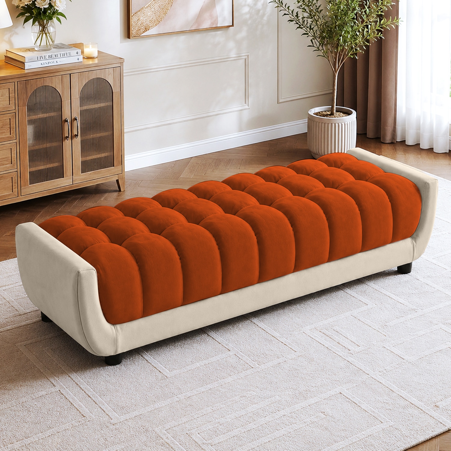 Resco  Velvet 2 Seater 4 Feet Ottoman Bench in Orange & Cream  Color - Home Lifestylez