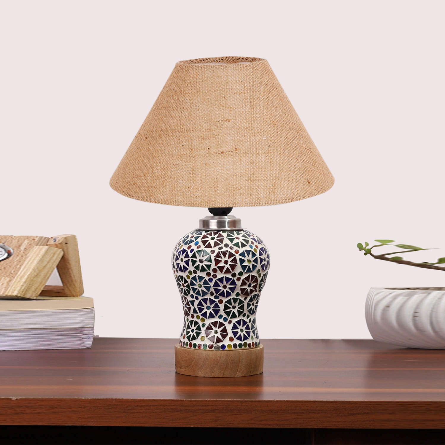 Devansh Conical Beige Jute Shade Lamp With Wood & Mosaic Glass Base For Decoration/Office/Home/Gifting/Study For Decoration/Office/Home/Gifting/Study -(10X10X14.5) Inches -A