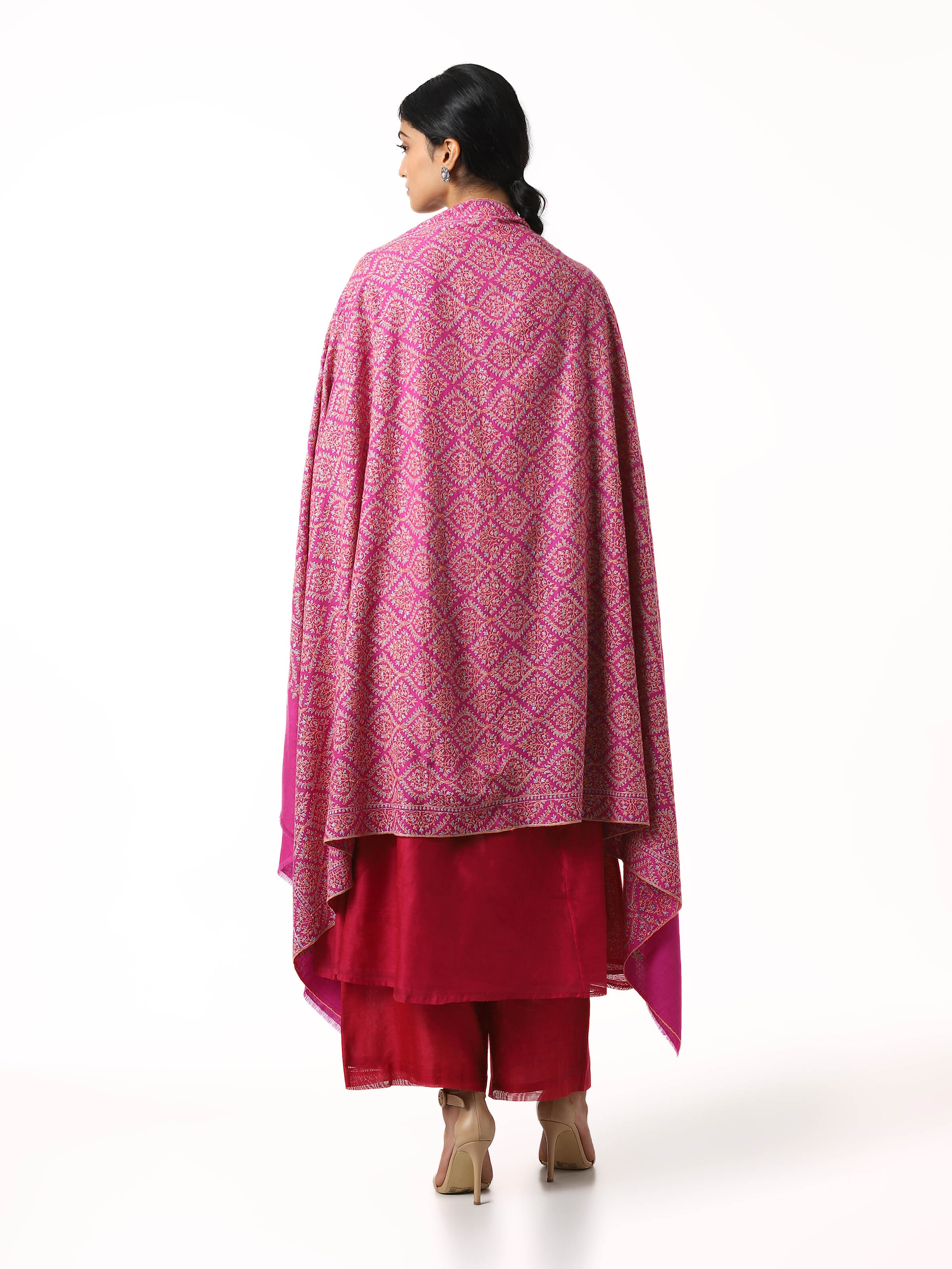 Pink Jamawar Sozni Embroidered Shawl