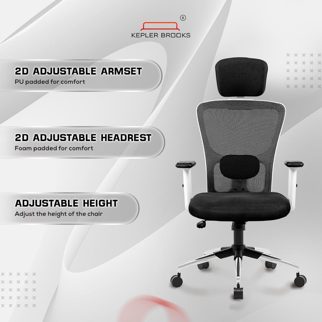 Kepler Brooks High Back Office Chair | 2 Years Warranty | Chair for Office Work at Home, Ergonomic Chair, Diwali Gifts, 2D Adjustable Arms, Headrest & Lumbar Support, Multi Synchro Lock (Zeus, White)
