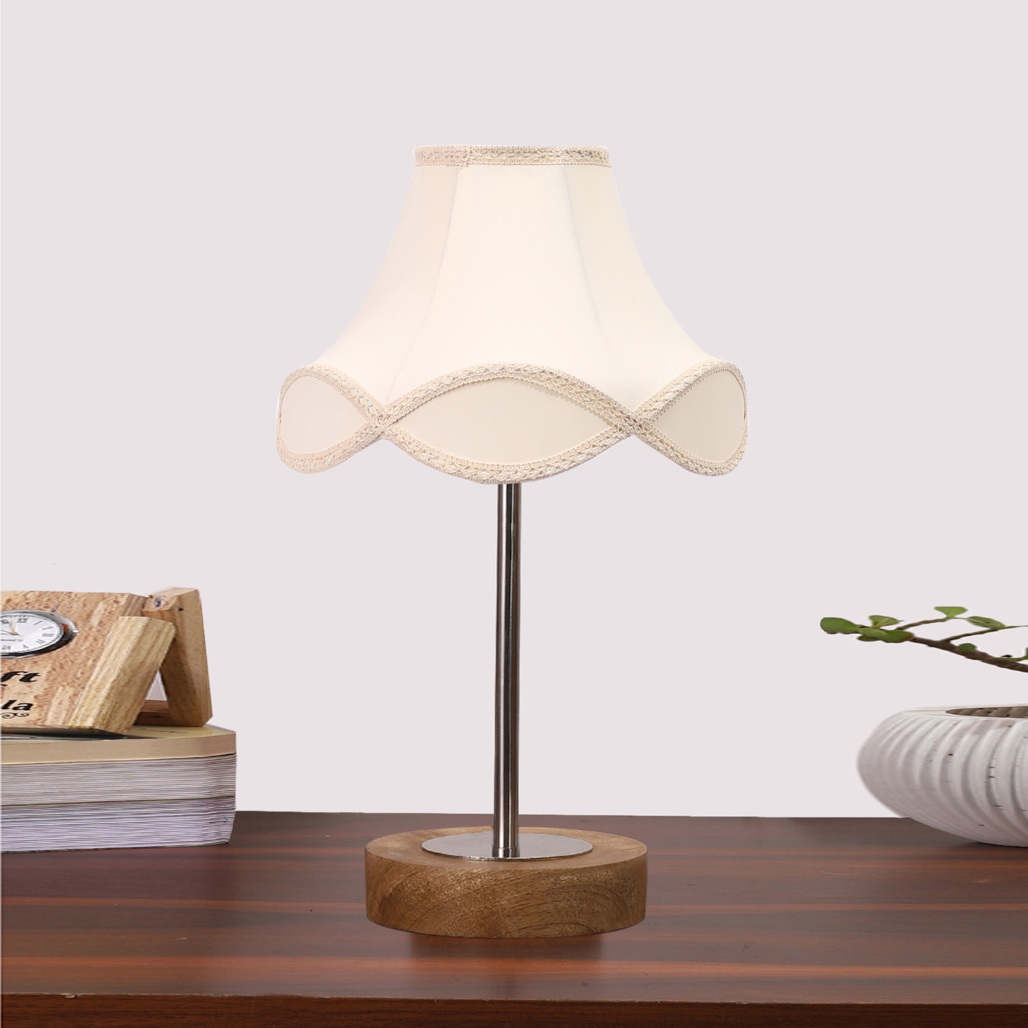 Devansh Off-White Cotton Vintage  Lamp With Natural  Wood Base  & Steel Pipe  (12X19.25) - Devansh