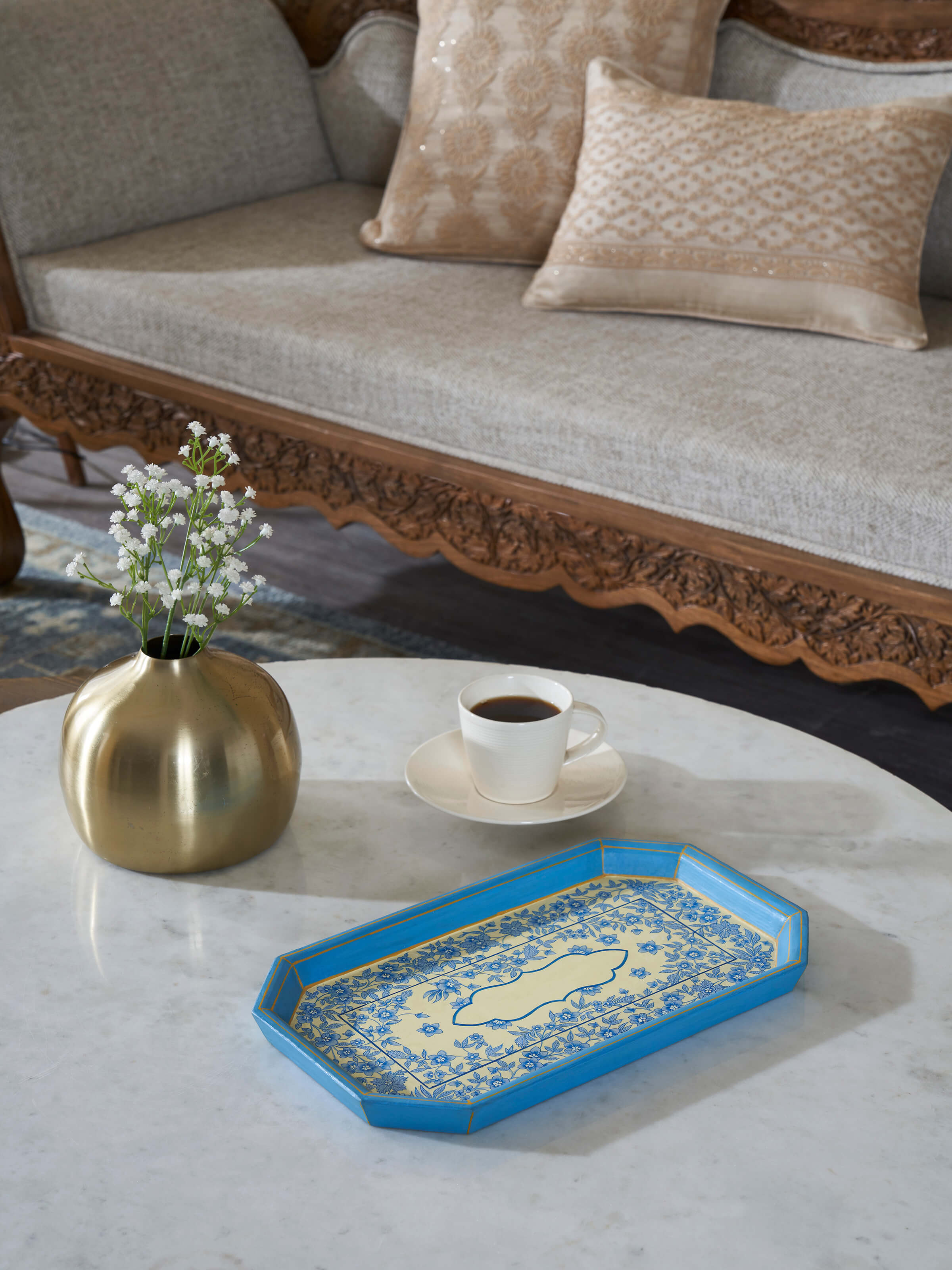 Detailed view of multicolor papier-mache decorative tray showcasing intricate design.