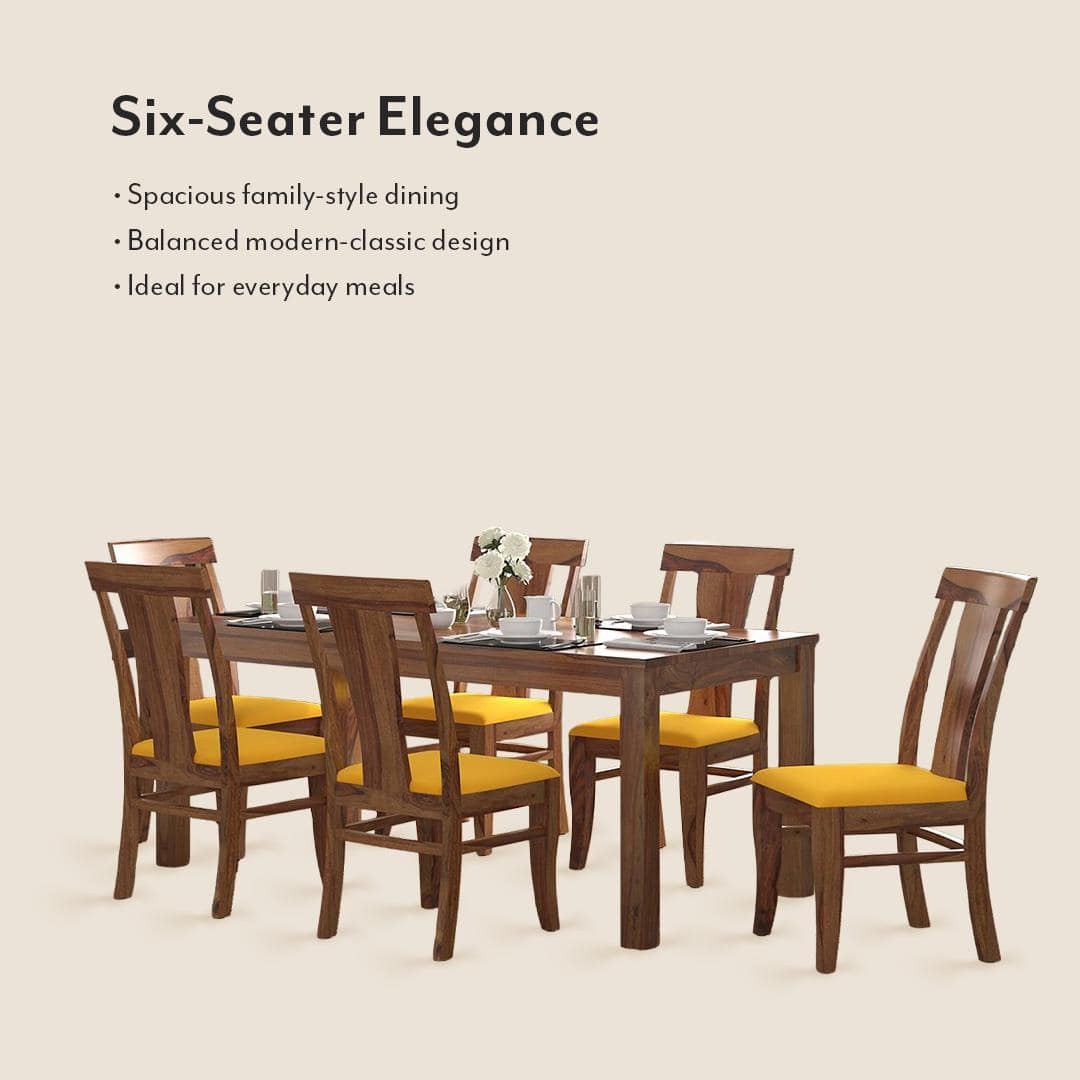 Arabia-Fabio 6 Seater Dining Table With Set Of 6 Chairs (Colour- Matty Yellow, Finish- Teak)