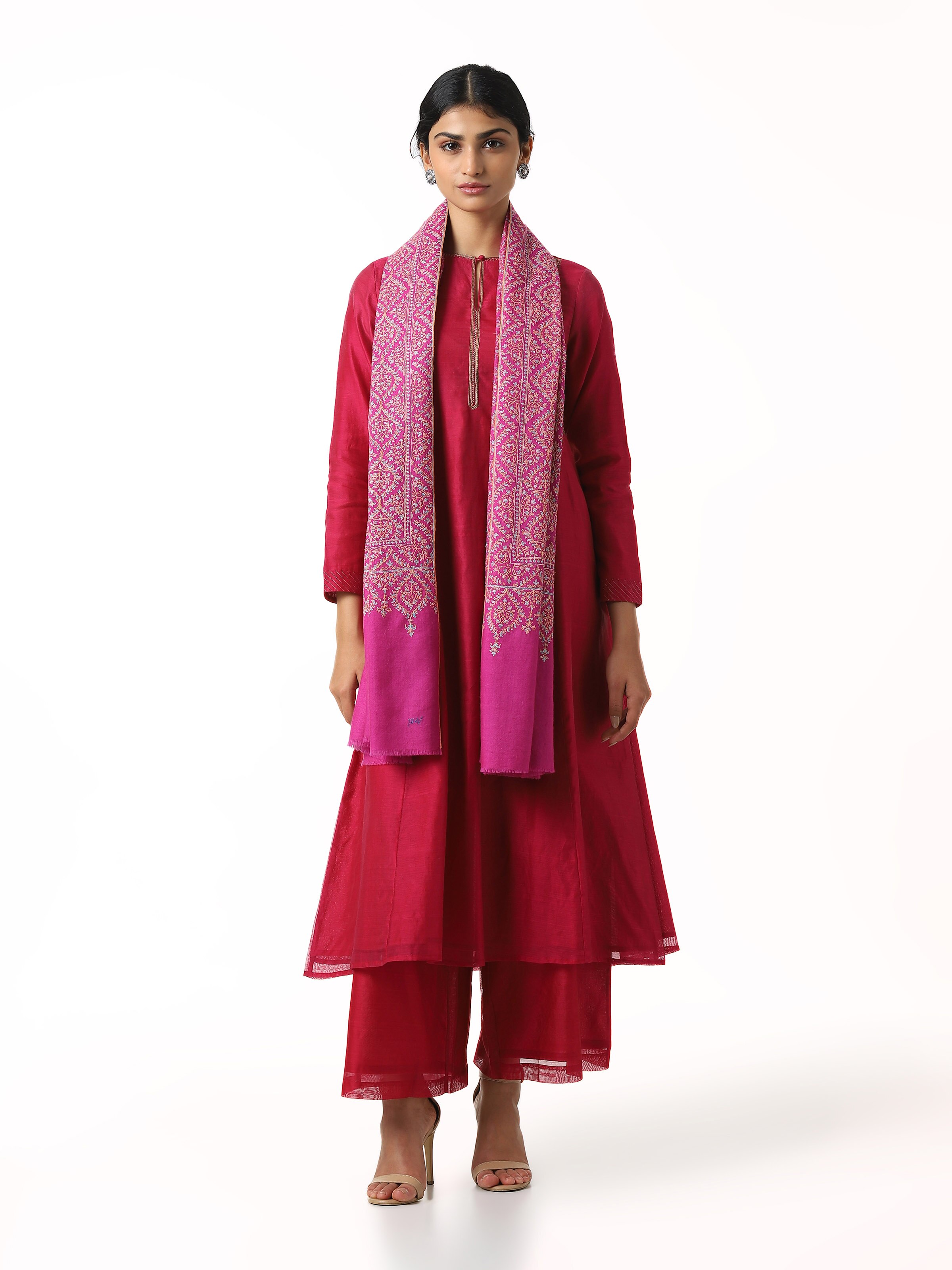 Pink Jamawar Sozni Embroidered Shawl