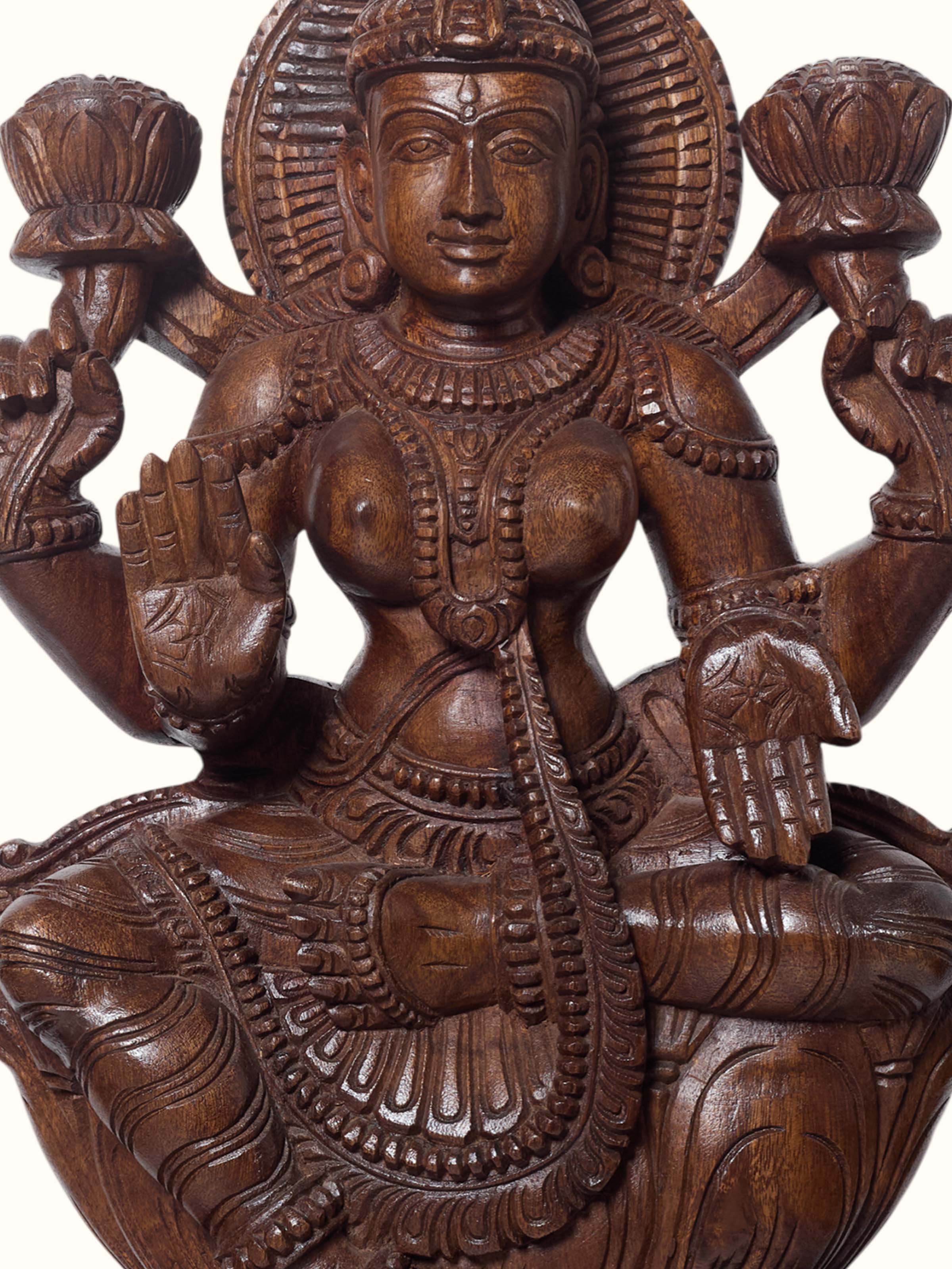 Wood Carved Lakshmi Devi Idol