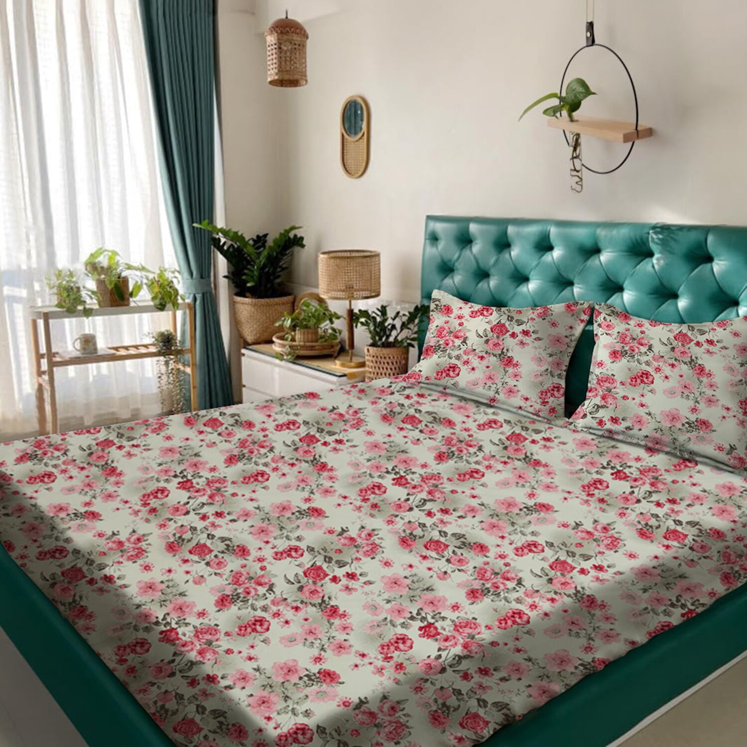 Red Floral 180 TC Flat 1 Queen  Bedsheet with 2 Pillow Covers