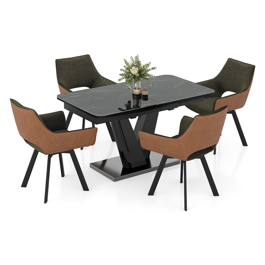 Caribu 4 to 6 extendable dining table with Set of 6 Casey Swivel Dining Chair in Dual Tone