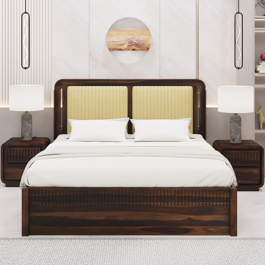 Lotus Solid Wood King  Size Upholstered Bed With Drawer Storage (Provincial Teak Finish)