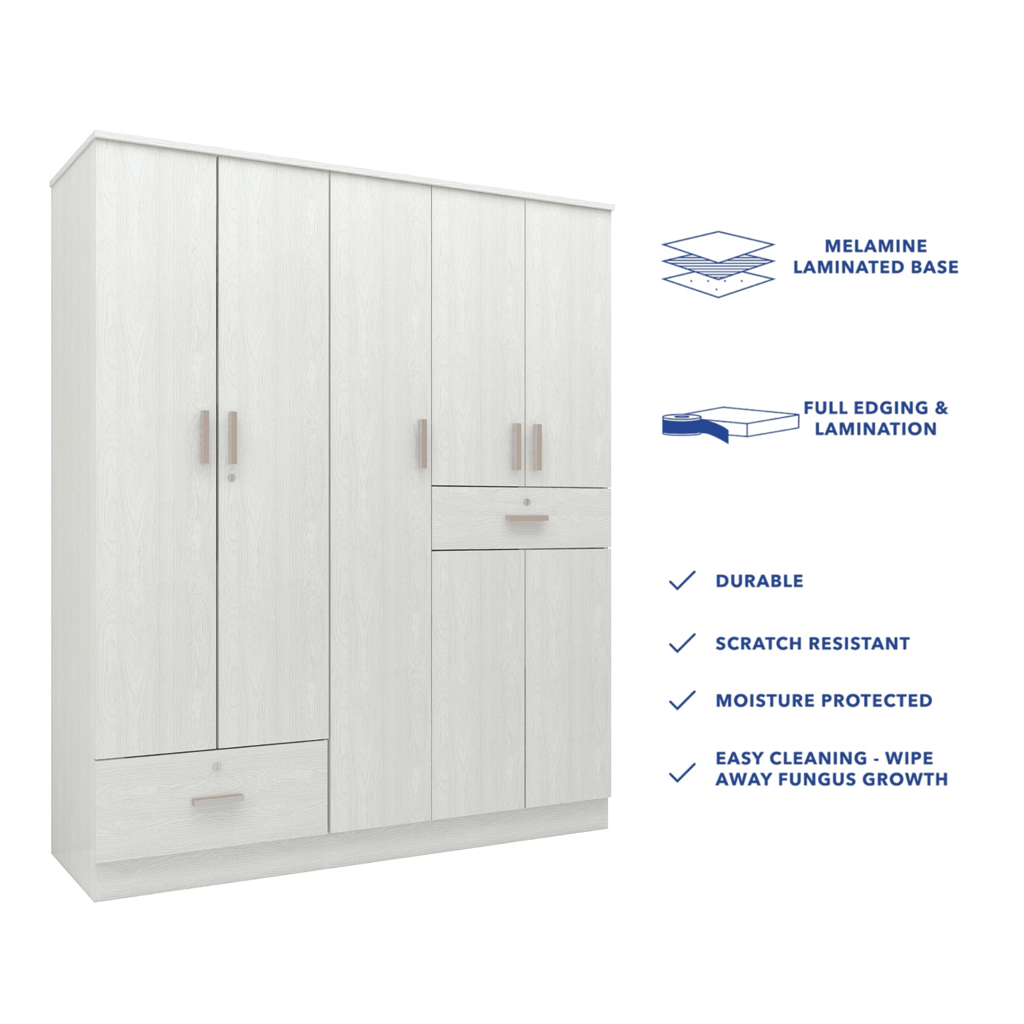 Ren 5 Door Engineered Wood Wardrobe in Silver Oak Finish