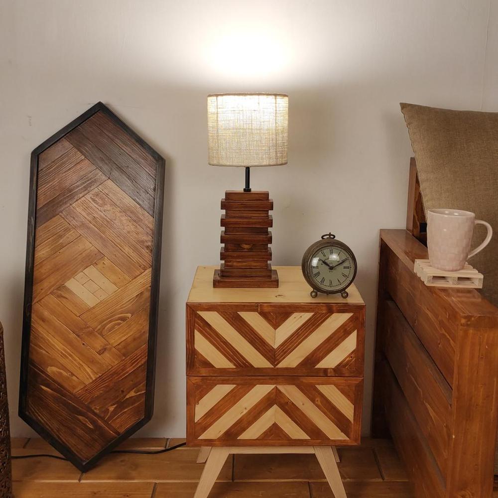 Truffle Brown Wooden Table Lamp with Yellow Printed Fabric Lampshade - Symplify