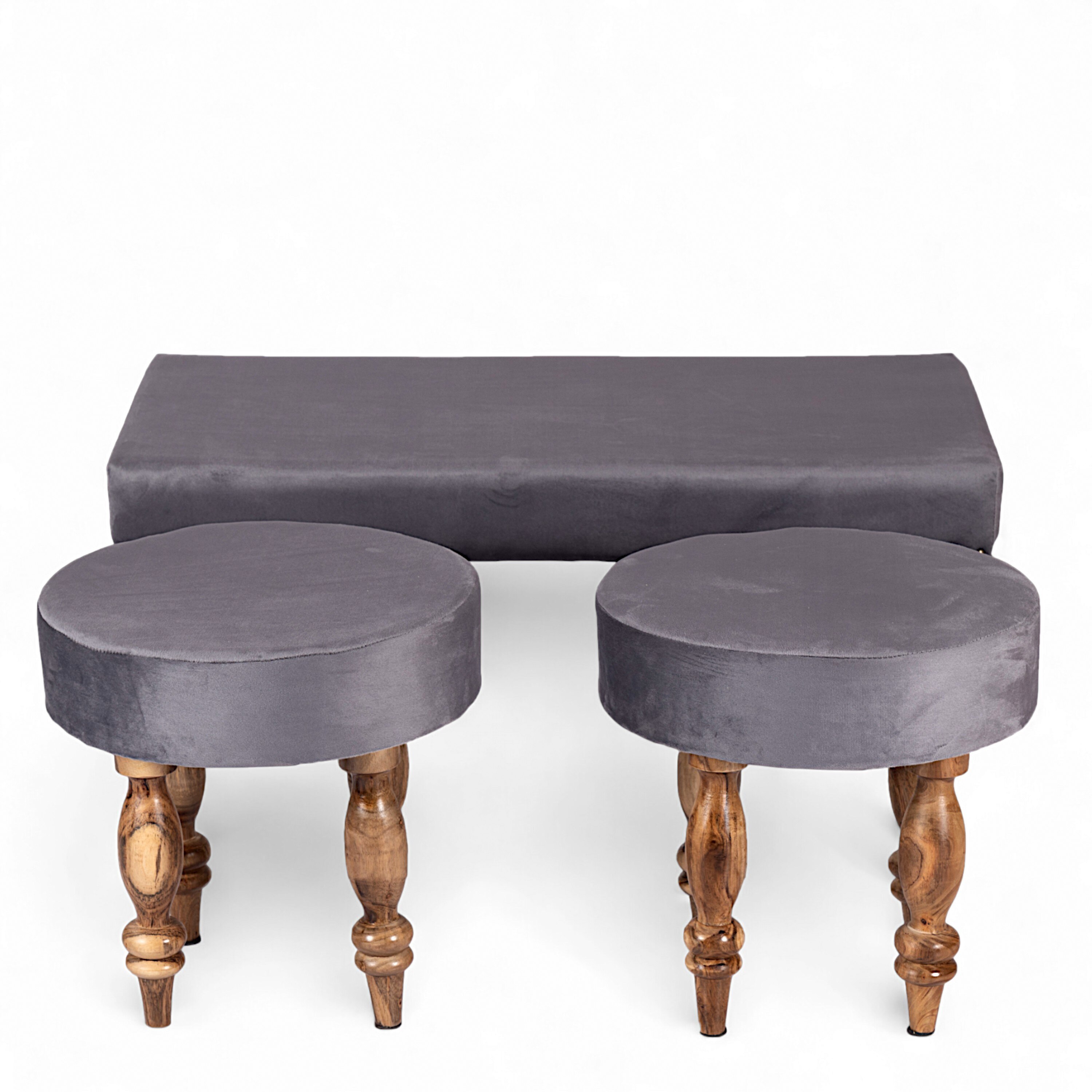 Bestone Sheesham Wood Accent Seater Bench Set  2 Stools In Iron Grey Velvet