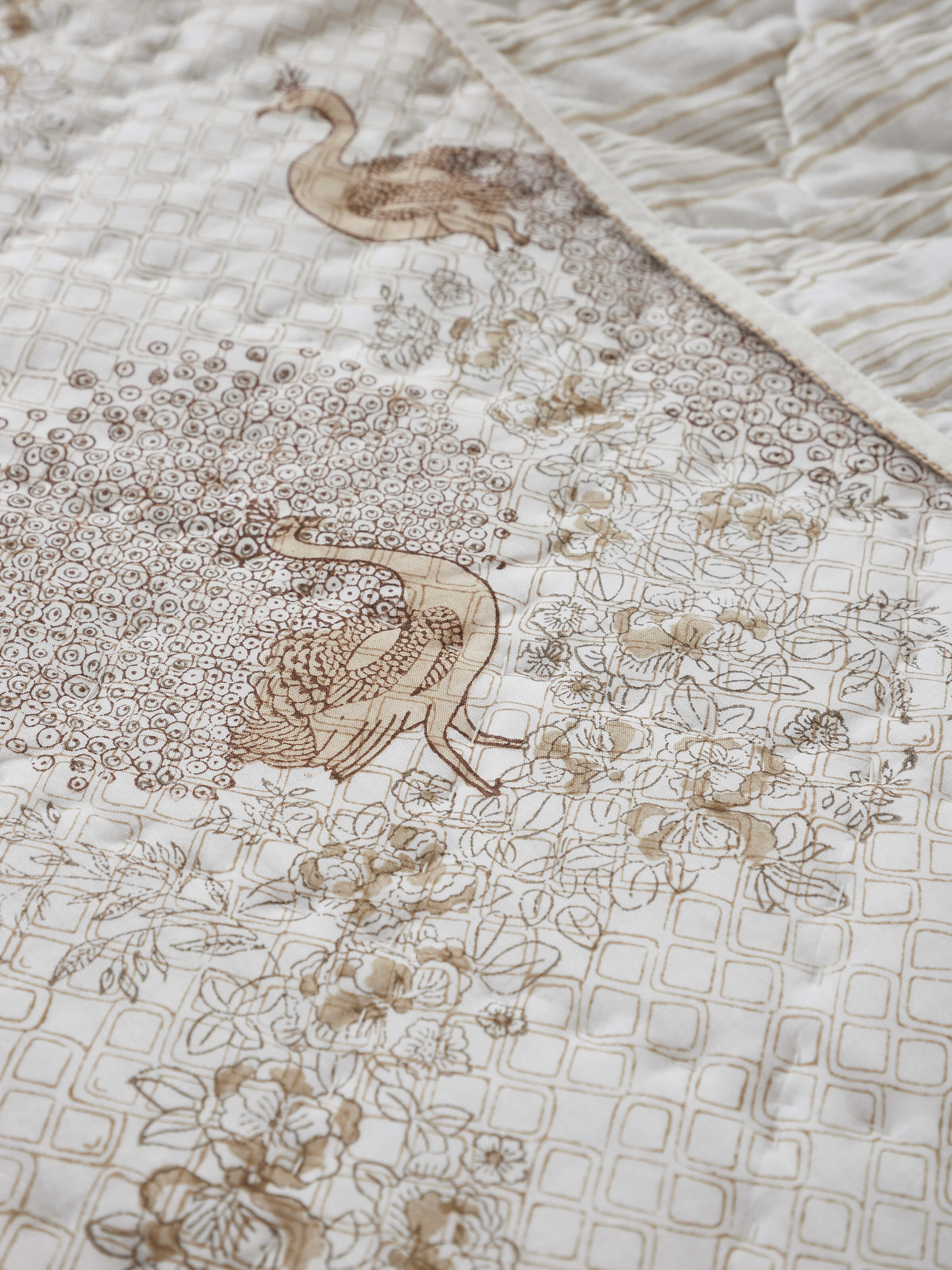 Full view of Shivranjini beige floral cotton Sanganeri block printed double quilt