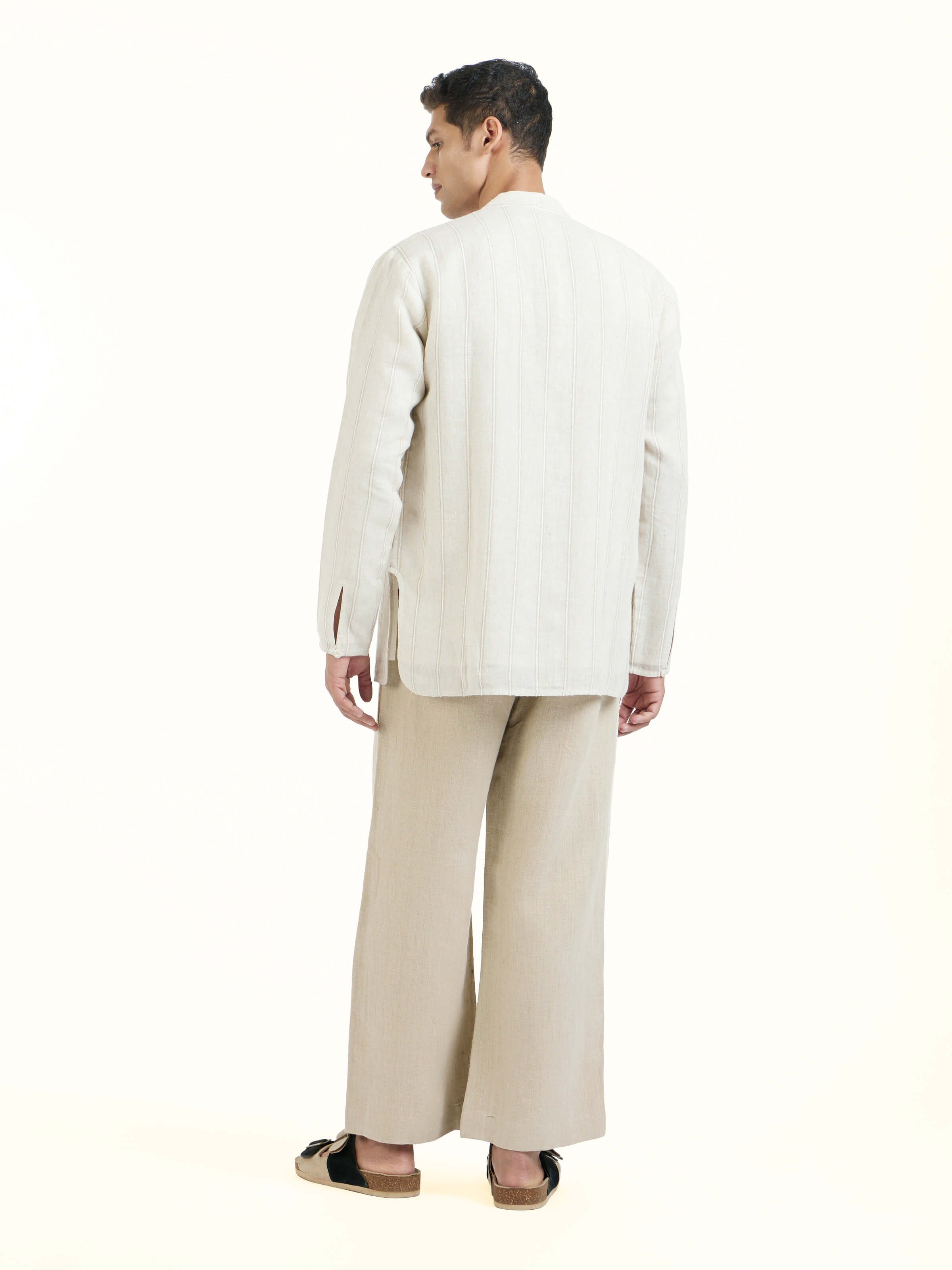 Back view of ivory linen handloom full sleeve shirt displaying clean lines and tailored finishing