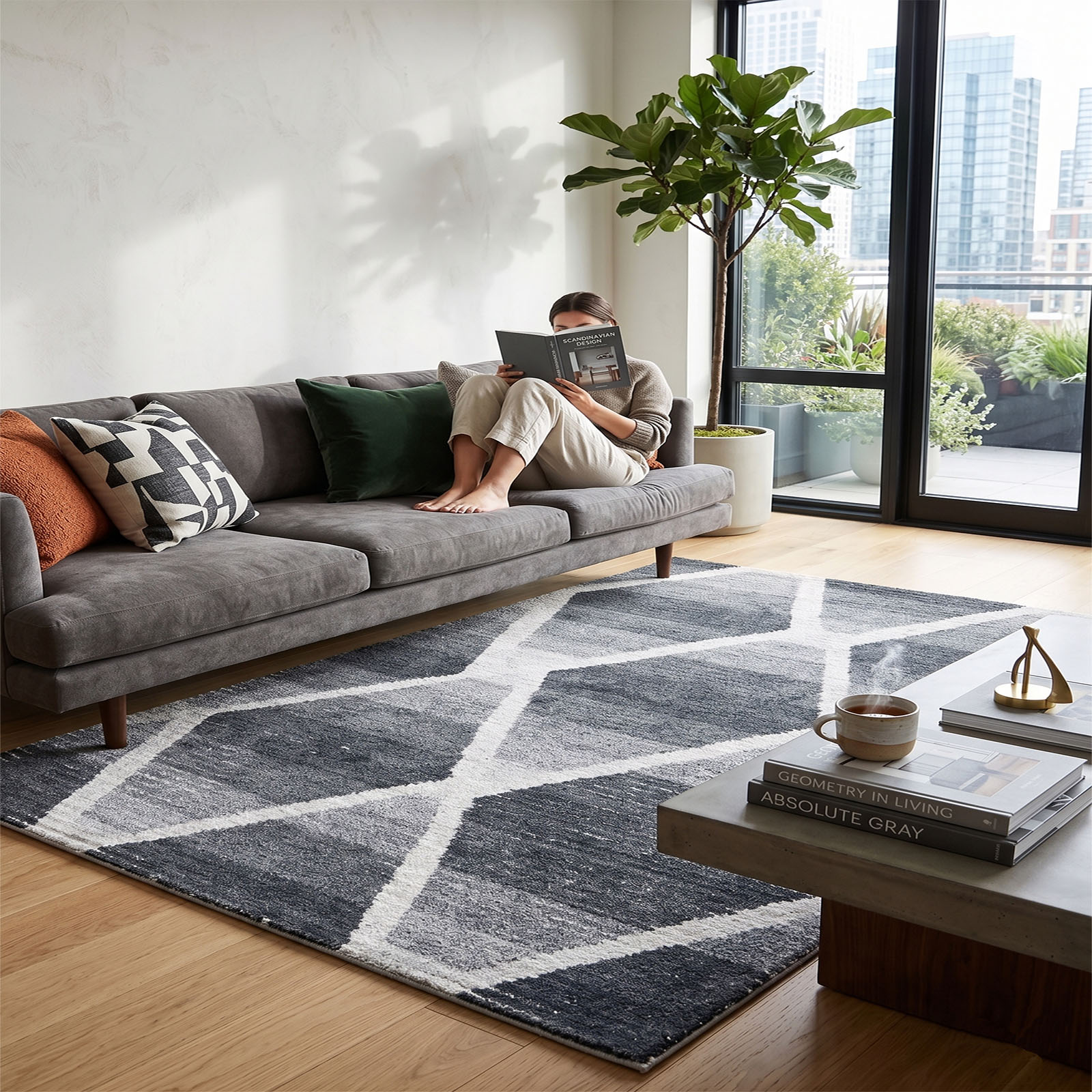 Grey Off White Trellis Area Rug Geometric Diamond 63 x 91 - The Woven Legacy