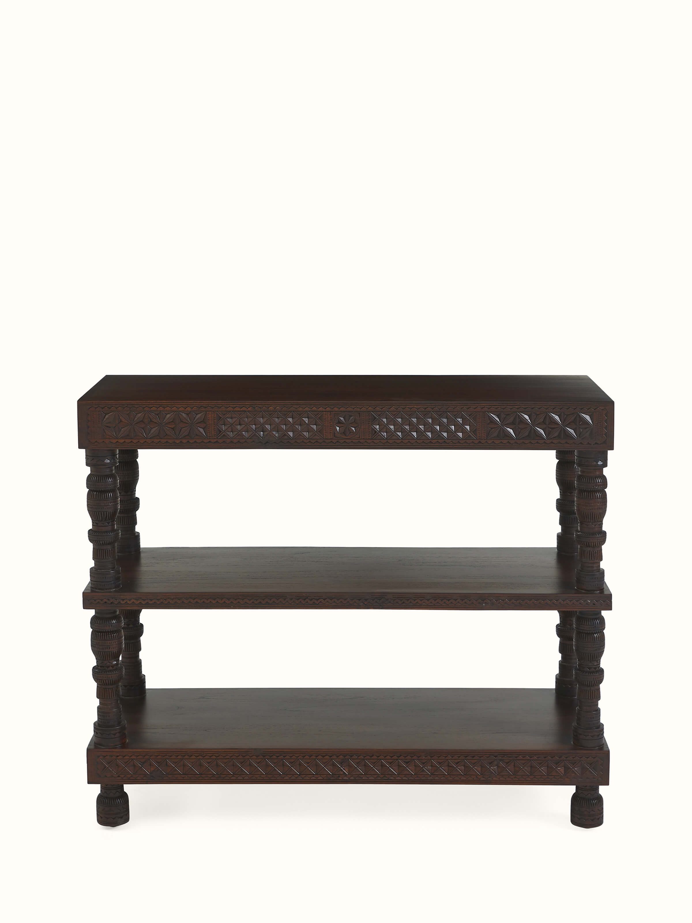 Front view of carved wooden bench with open backrest – Swadesh handcrafted seating furniture