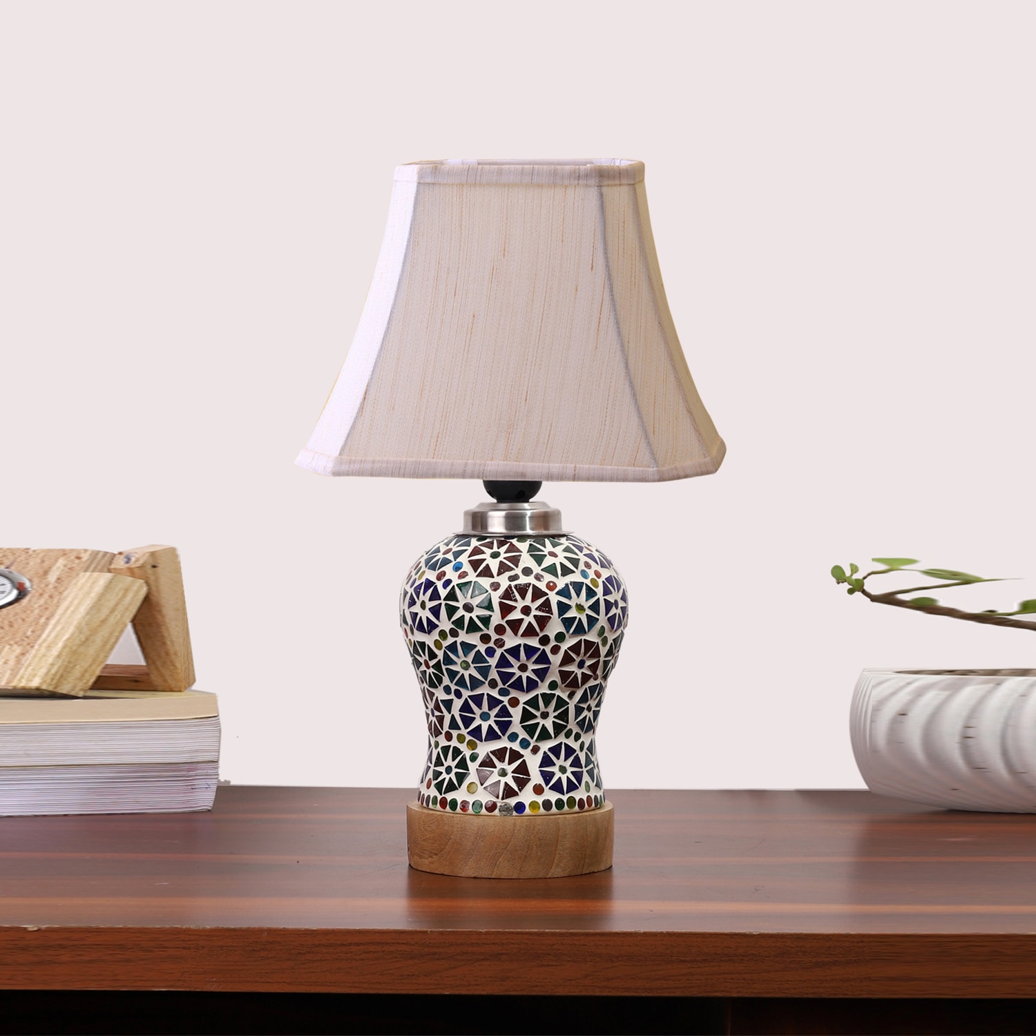 Devansh Off-White Cotton Rectangular Shade Lamp With Wood & Mosaic Glass Base For Decoration/Office/Home/Gifting/Study For Decoration/Office/Home/Gifting/Study
