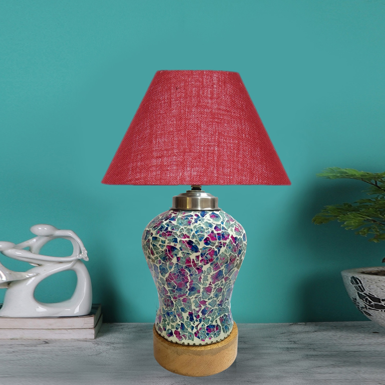 Devansh Conical  Maroon Jute Shade  Lamp With  Wood & Mosaic Glass Base For Decoration /Office/Home/Gifting/Study For Decoration /Office/Home/Gifting/Study -(10X10X14.5) Inches - - Devansh