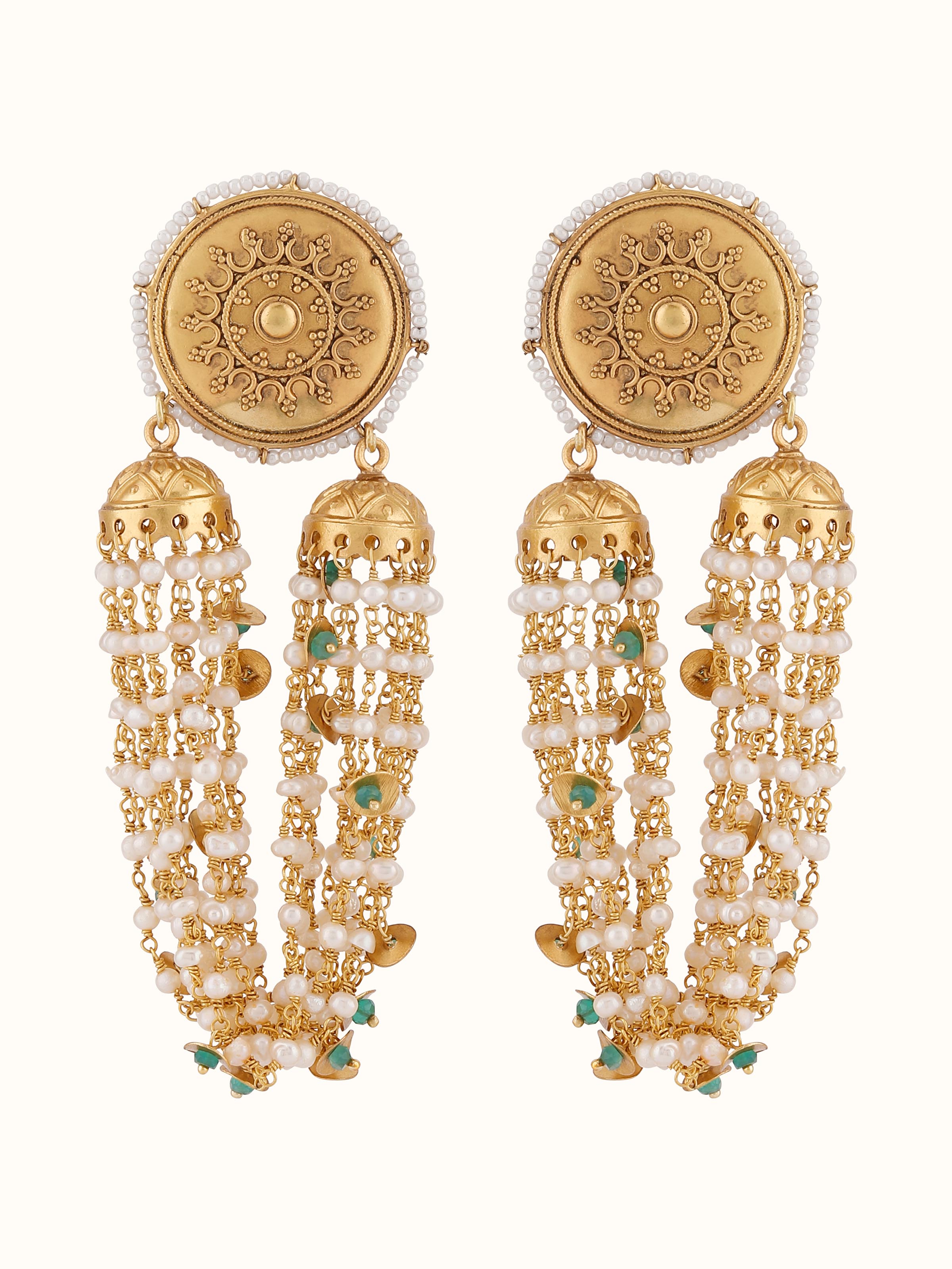 Front view presenting the delicate silver drop earrings with fine details