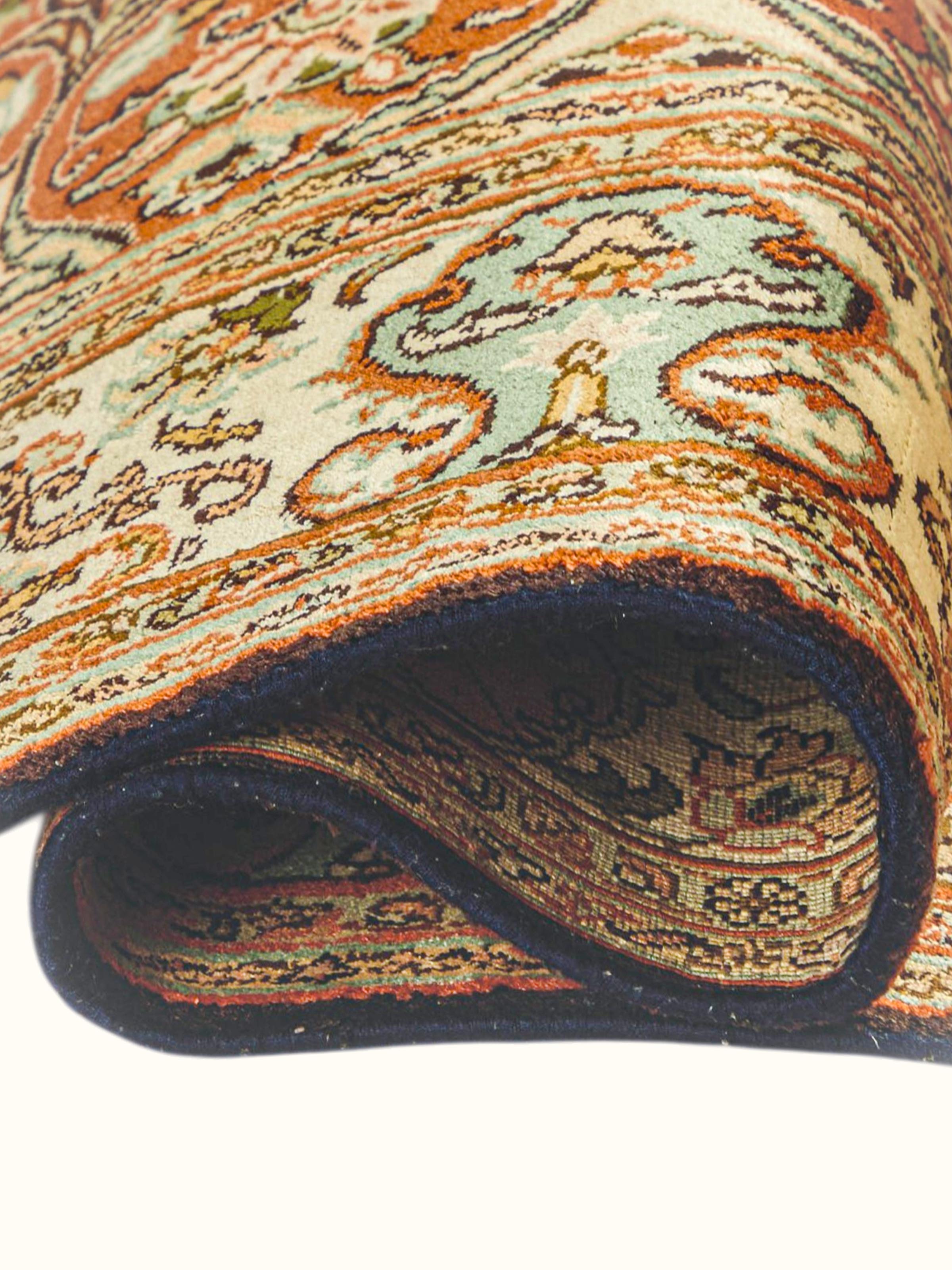 Traditional Persian Rust Sage Medallion Kashmir Silk Hand-Knotted Carpet