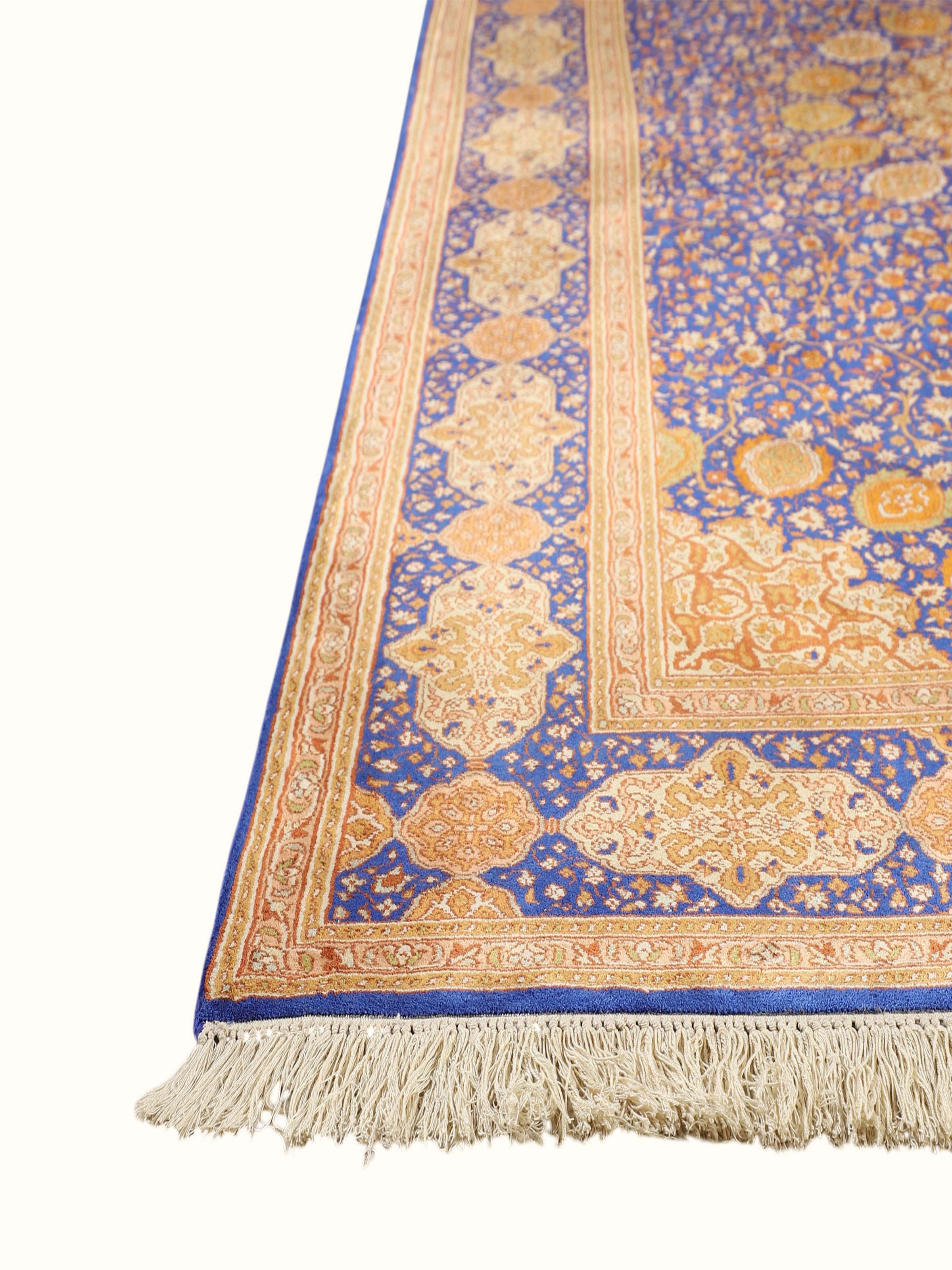 Traditional Persian Royal Blue Rust Ardabil Kashmir Silk Hand-Knotted Carpet