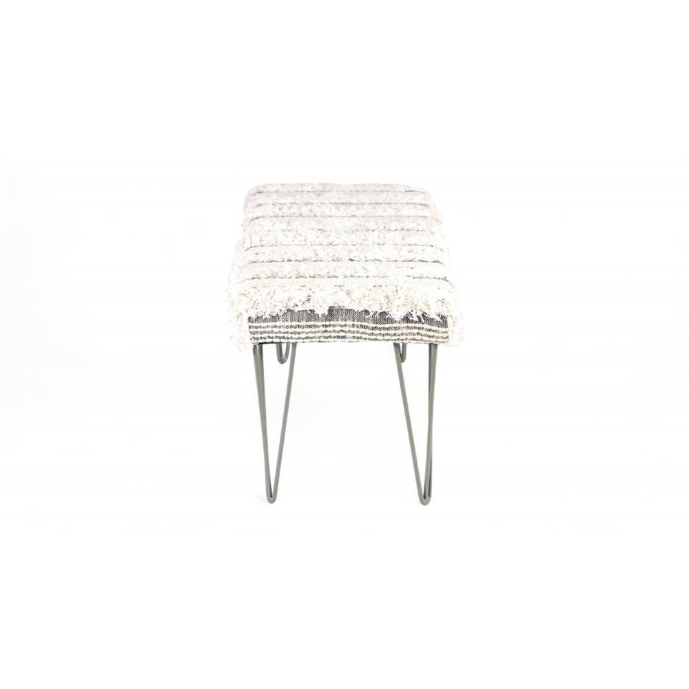 Belmont Sheesham Wood Mid Century 3 Seater Bench With Metal Legs In Grey Fabric
