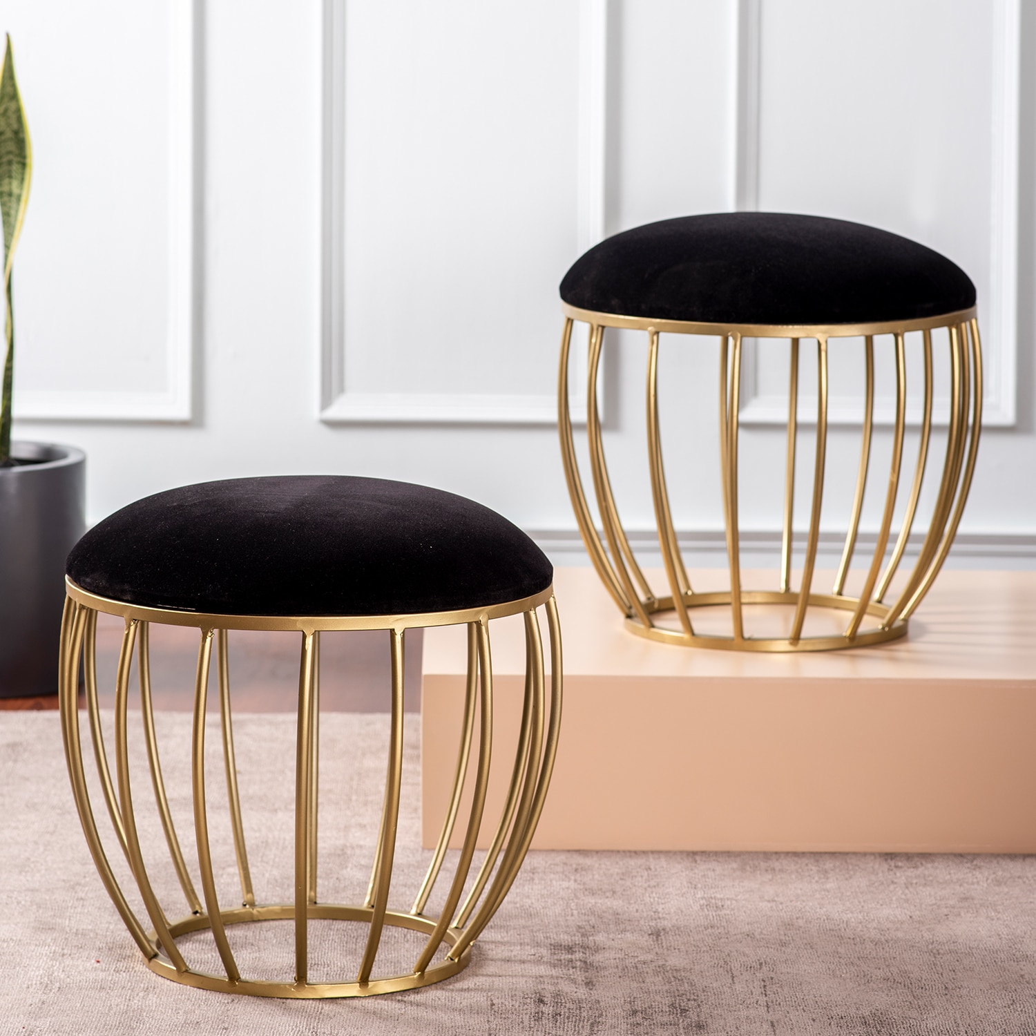 Classic Velvet Cage Metallic Stool in Black Color Set of 2 - Nestroots
