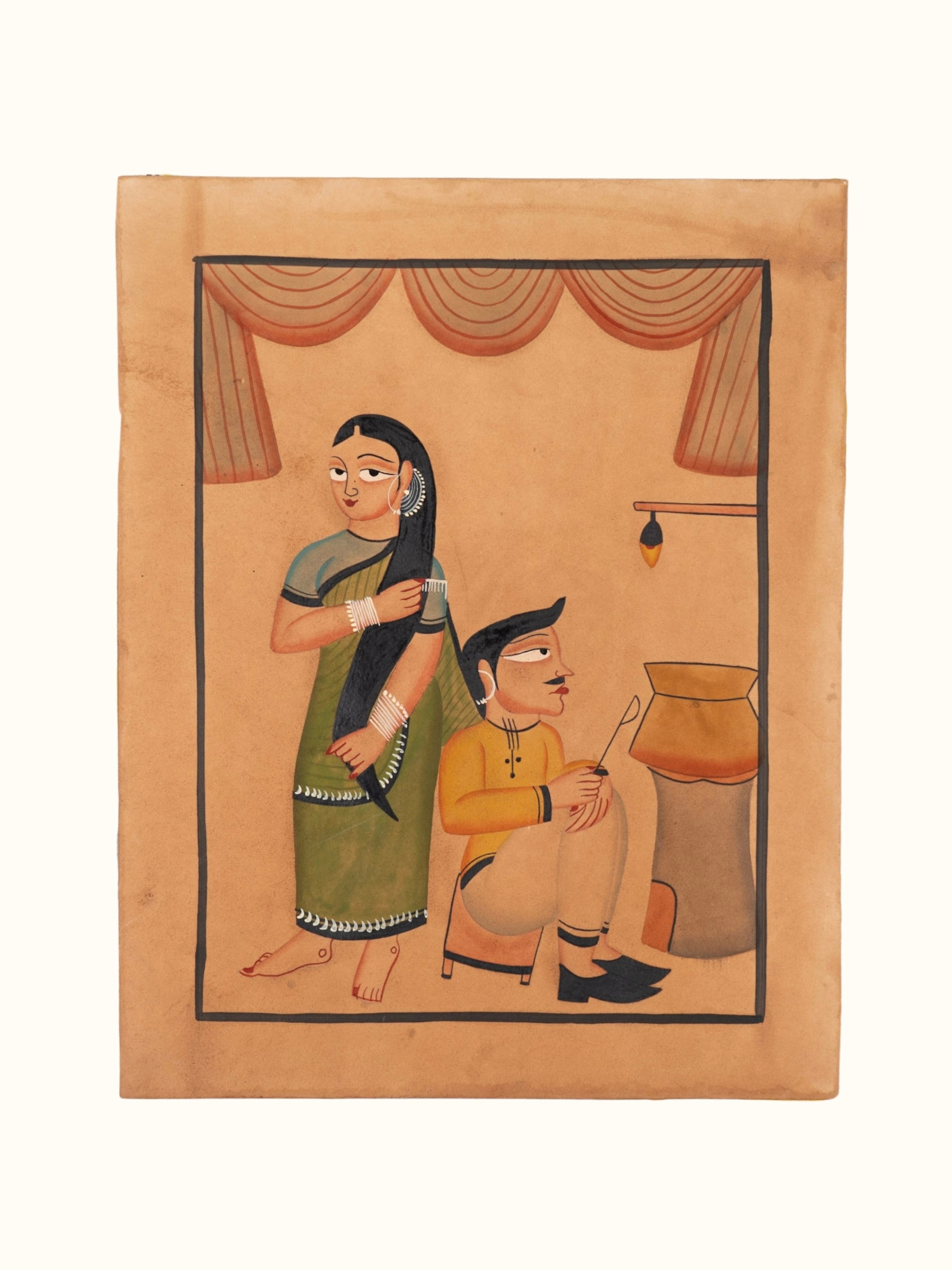 Front view of kalighat romance husband wife painting traditional folk art