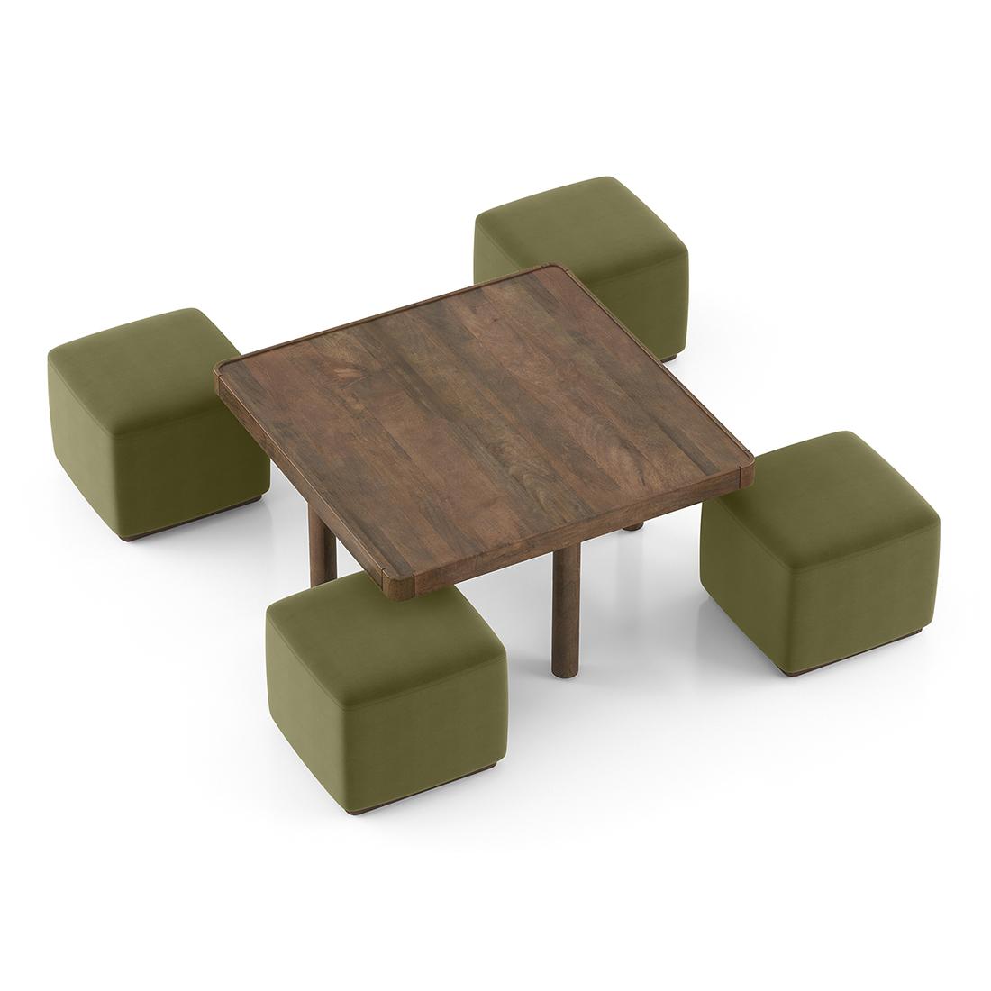 Tetra Square Solid Wood Coffee Table With Seats In Danish Walnut Finish In Olive Colour Fabric