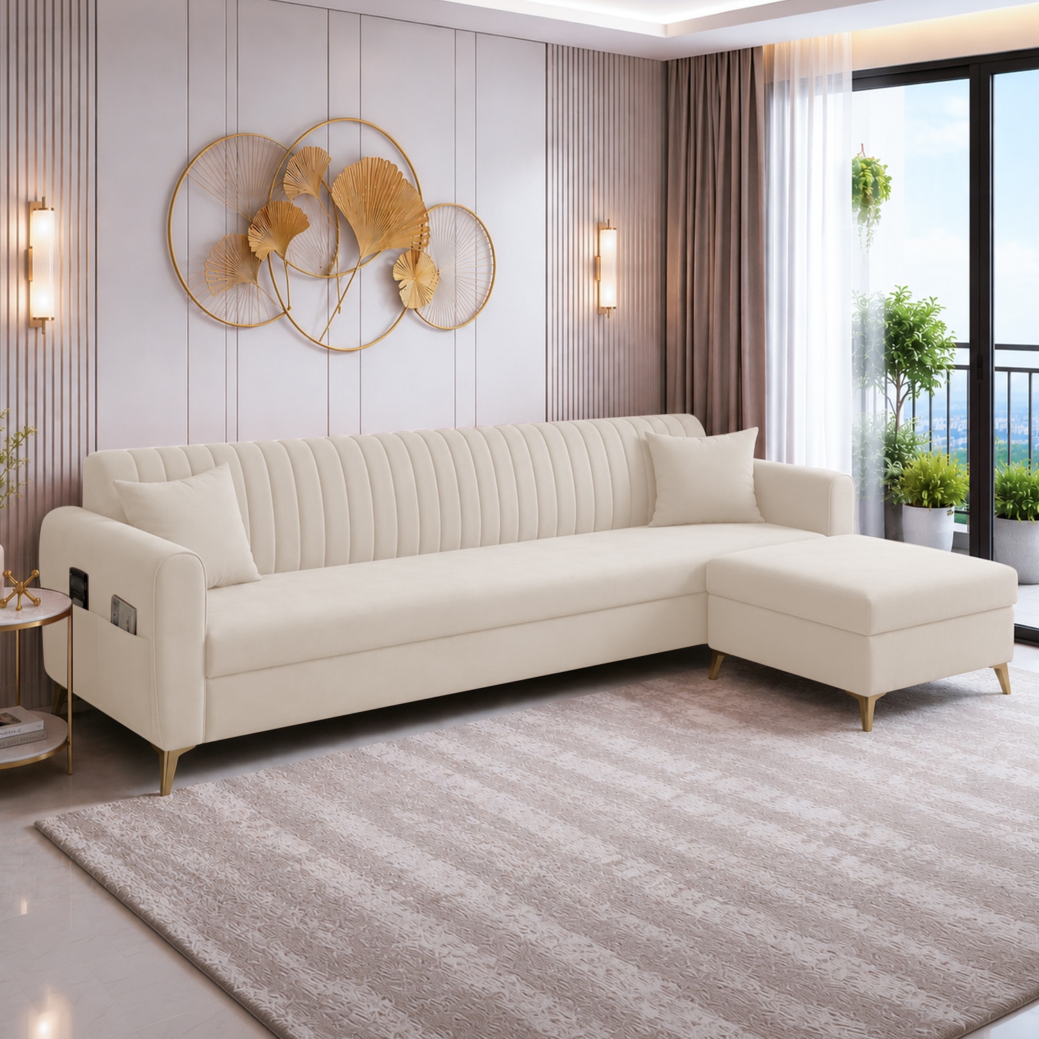 Daraco Velvet L shape 5 Seater Sofa in Cream Color - Home Lifestylez