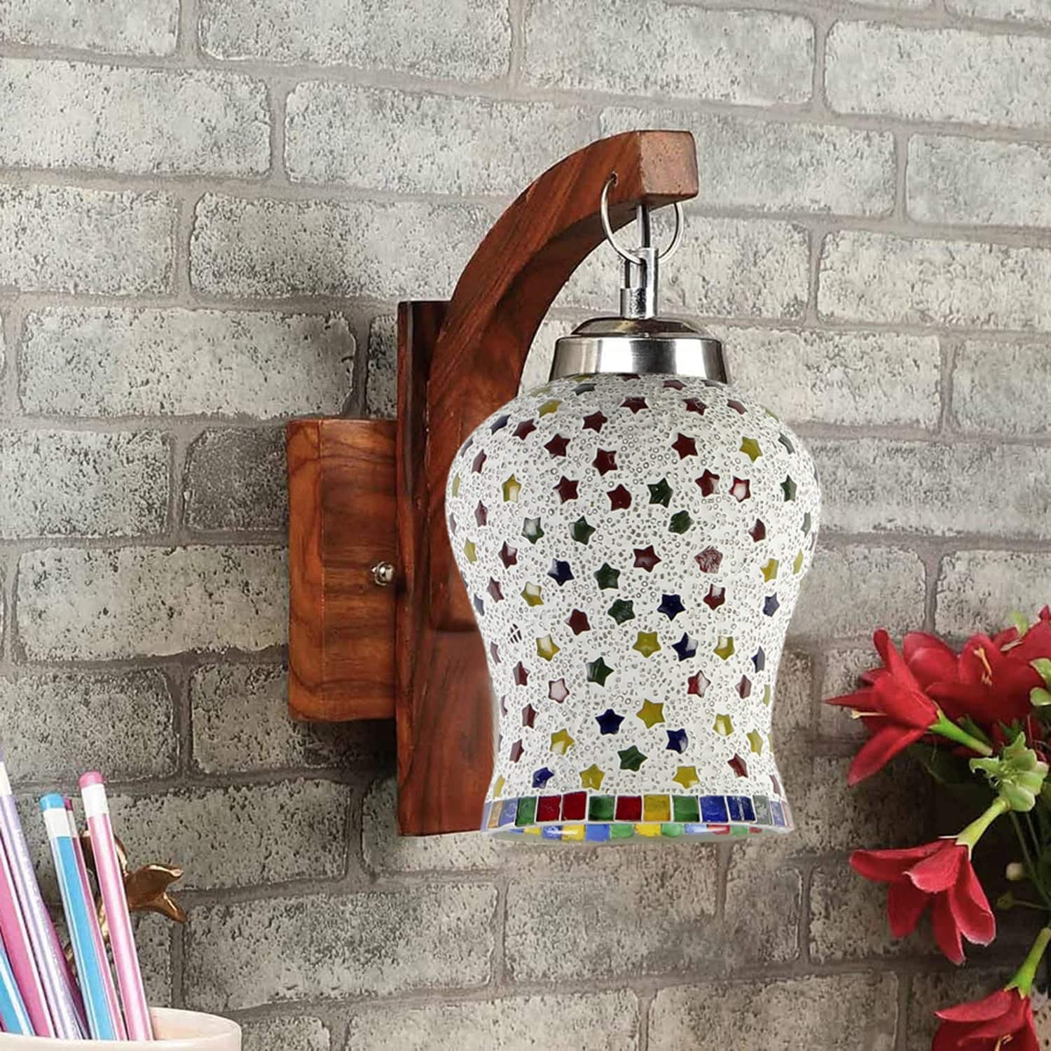 Devansh Solid Wood Electric Wall Light in Brown Colour with Multi Shade Count of 1 Light