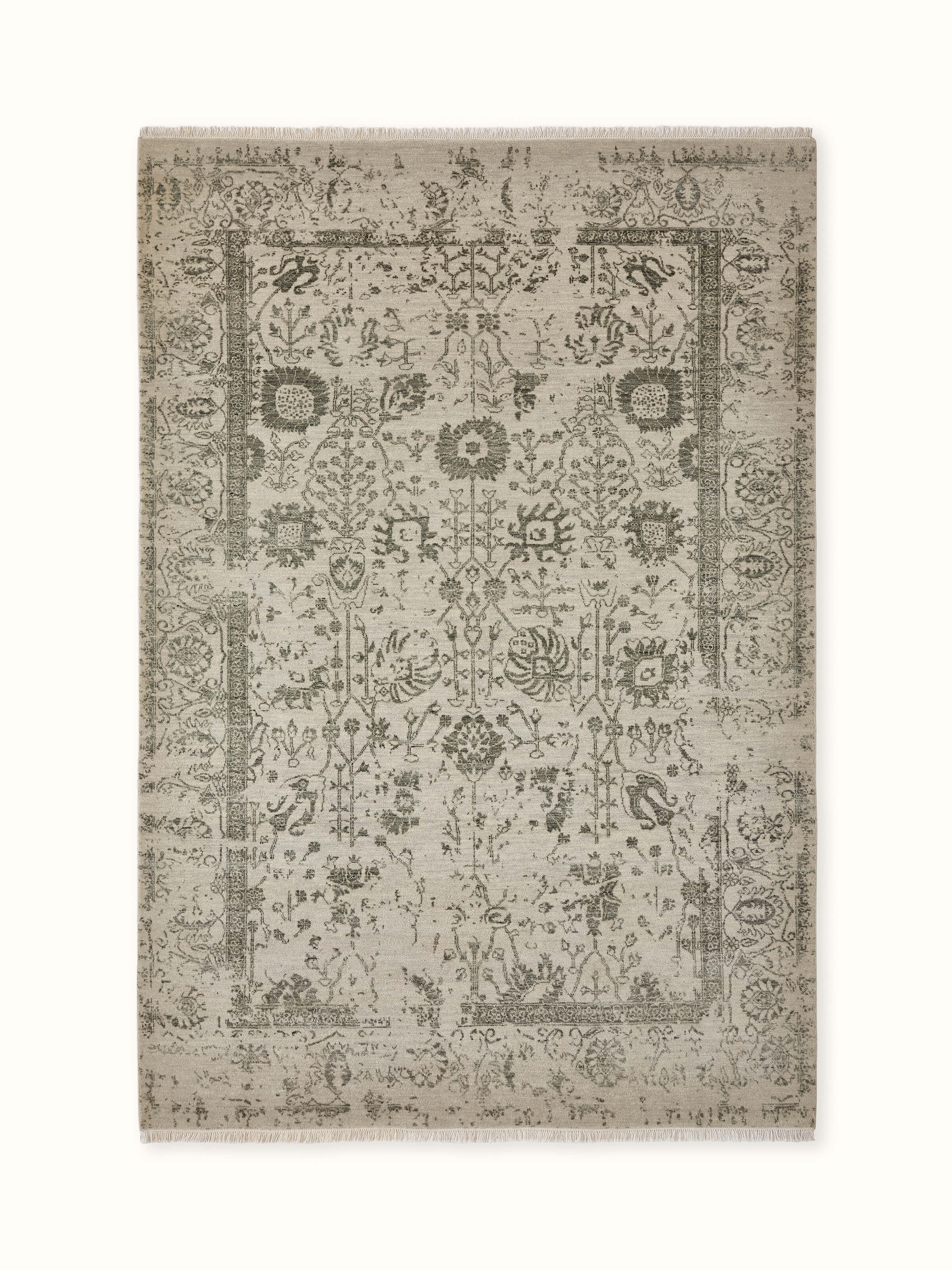 Full front view of transitional Agra hand-knotted rug in grey and charcoal with distressed abstract style
