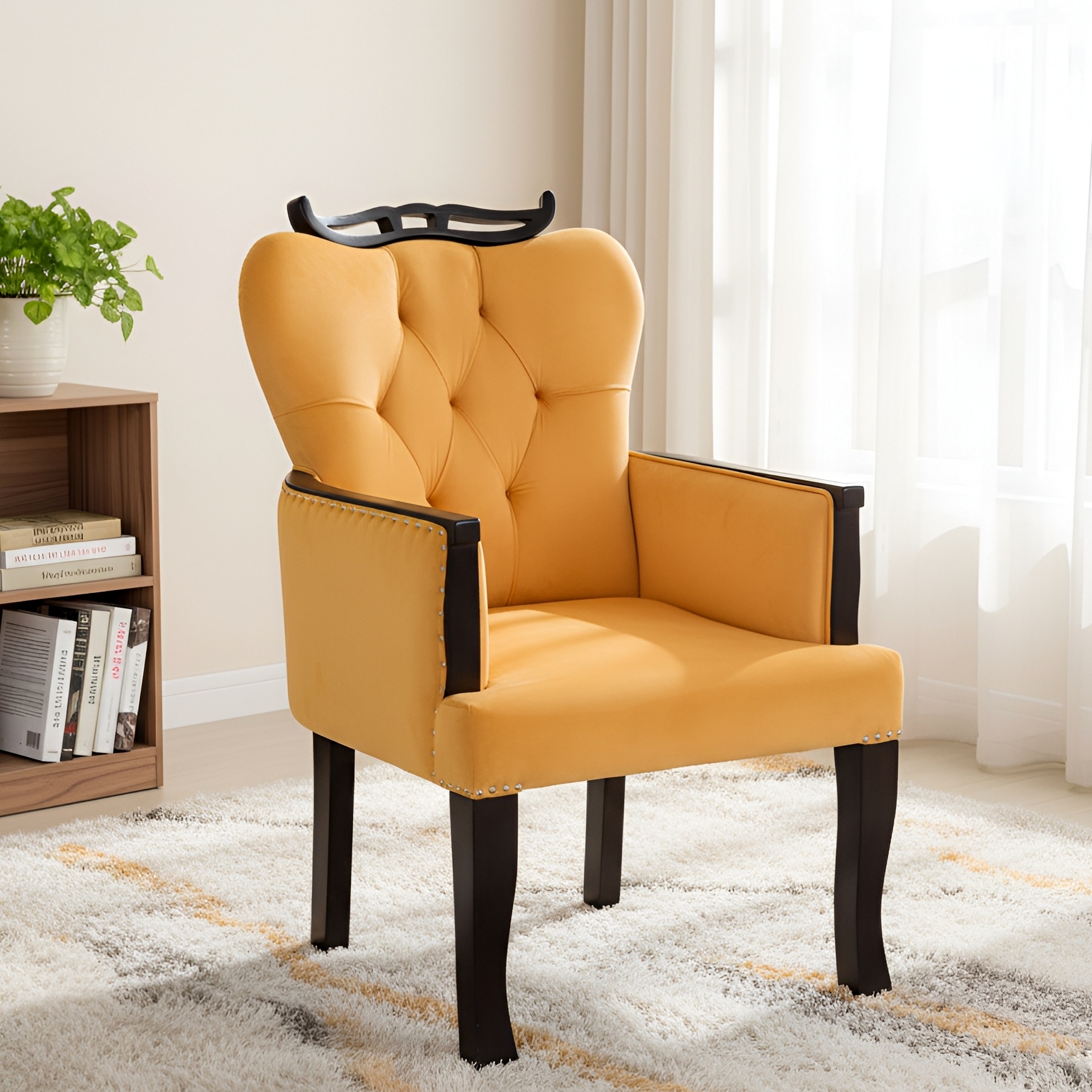 Arista Sheesham Wood Lounge Chair In Yellow Velvet Upholstery