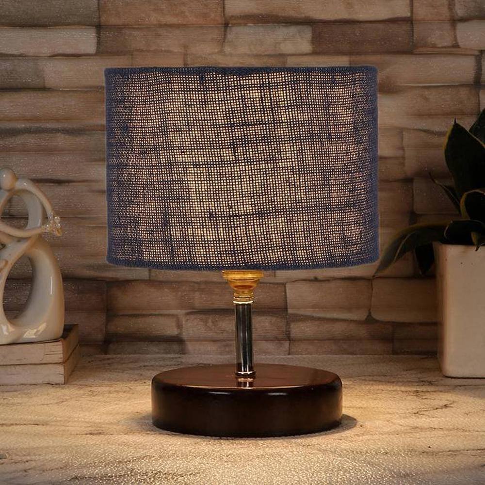 Vinny Blue Jute table lamp with brown wood base