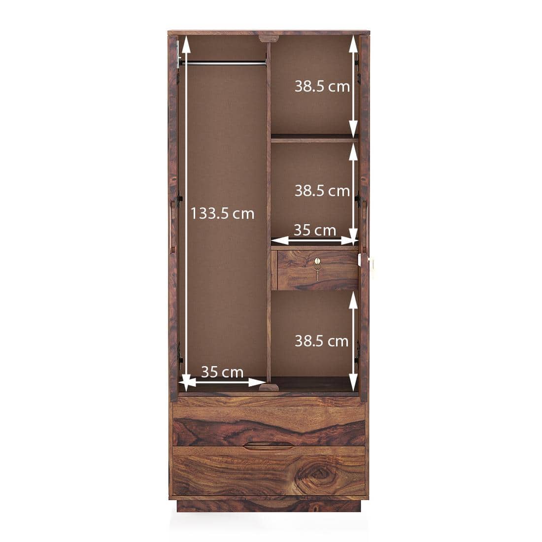 Zephyr Solid Wood 2 Door Wardrobe in Teak Finish
