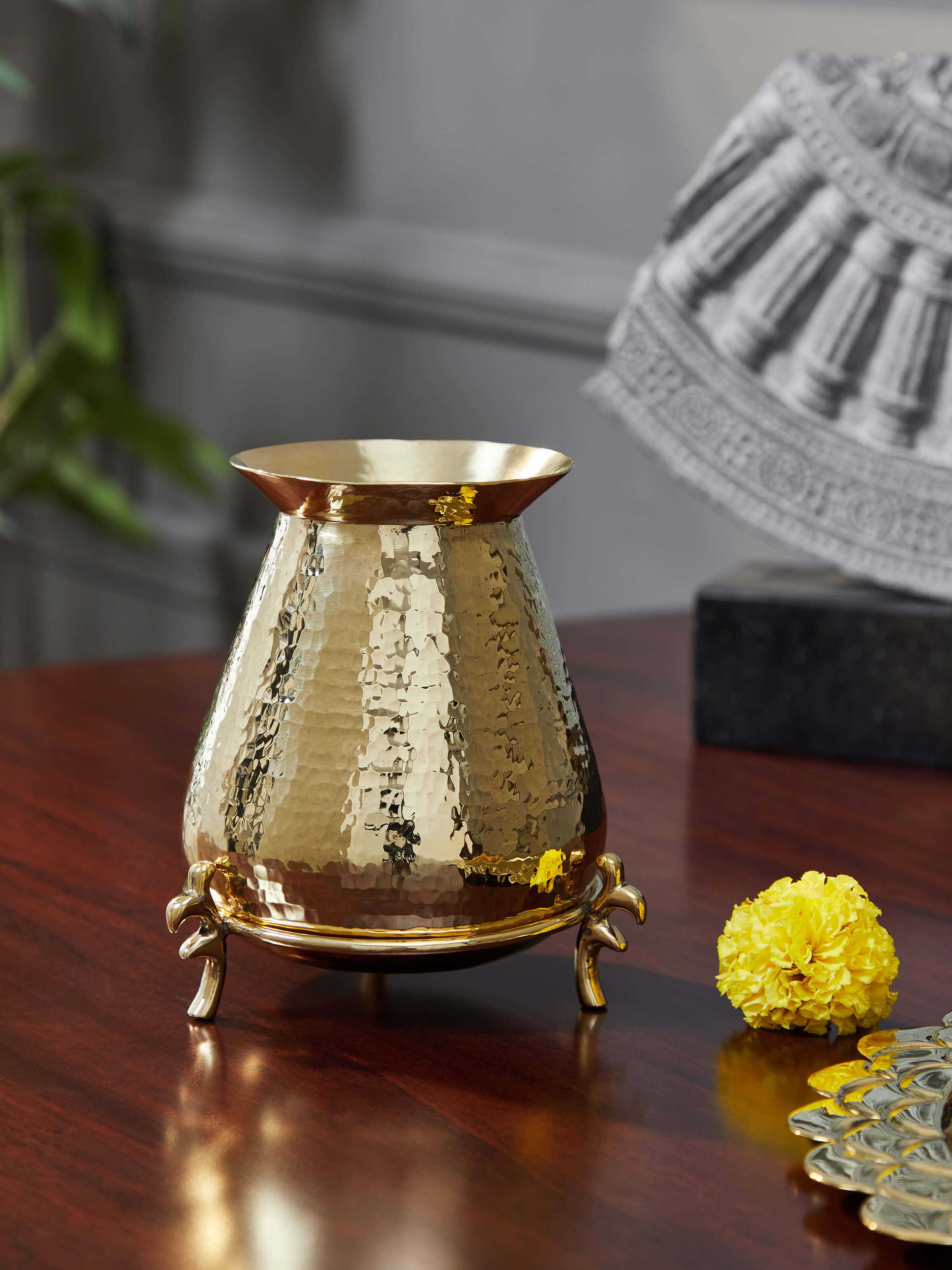 Side view of Traditional Polished Brass Pooja Kalash highlighting the craftsmanship and shine.