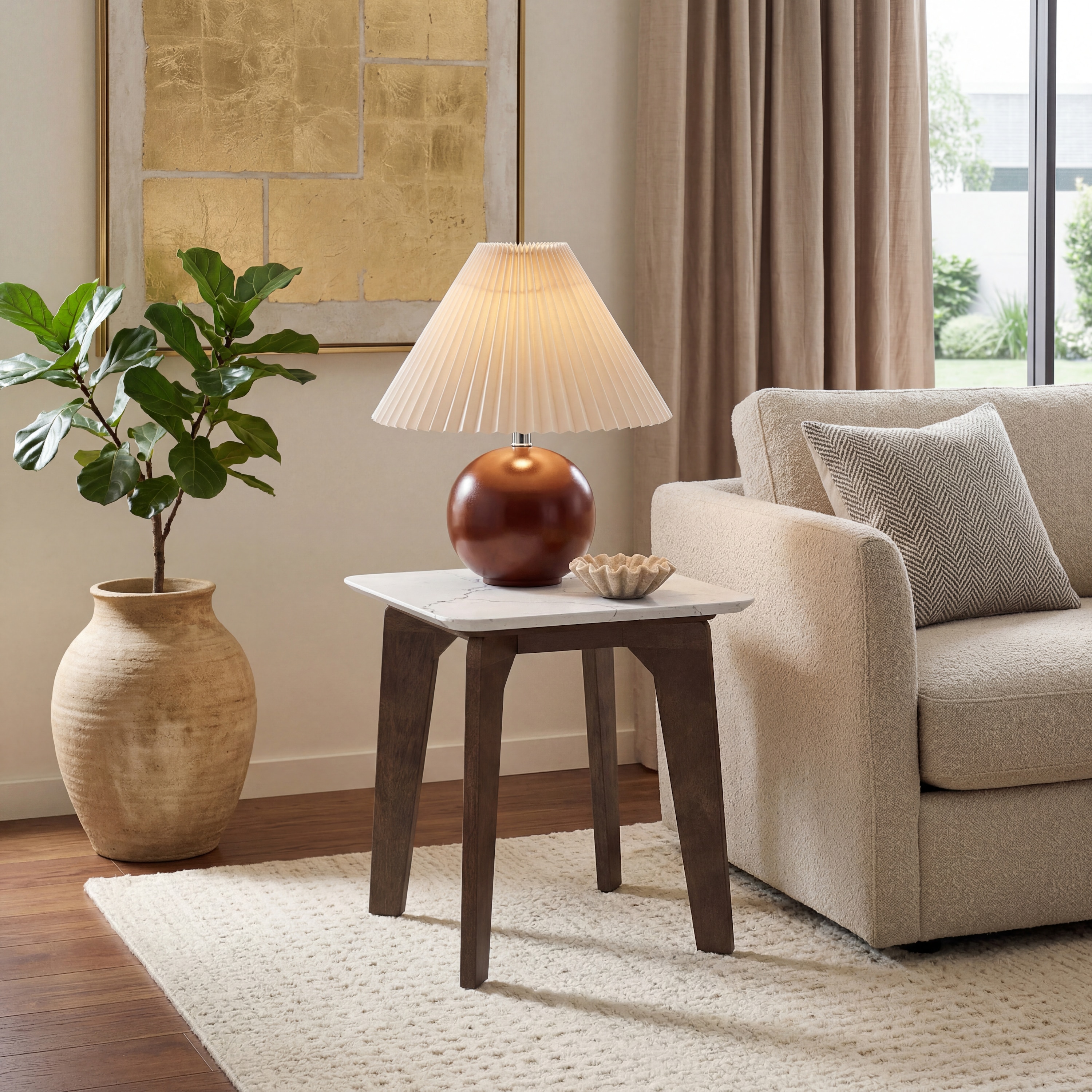 Lunar Rectangular Solid Wood and Carrara White Marble Side Table In Danish Walnut Finish