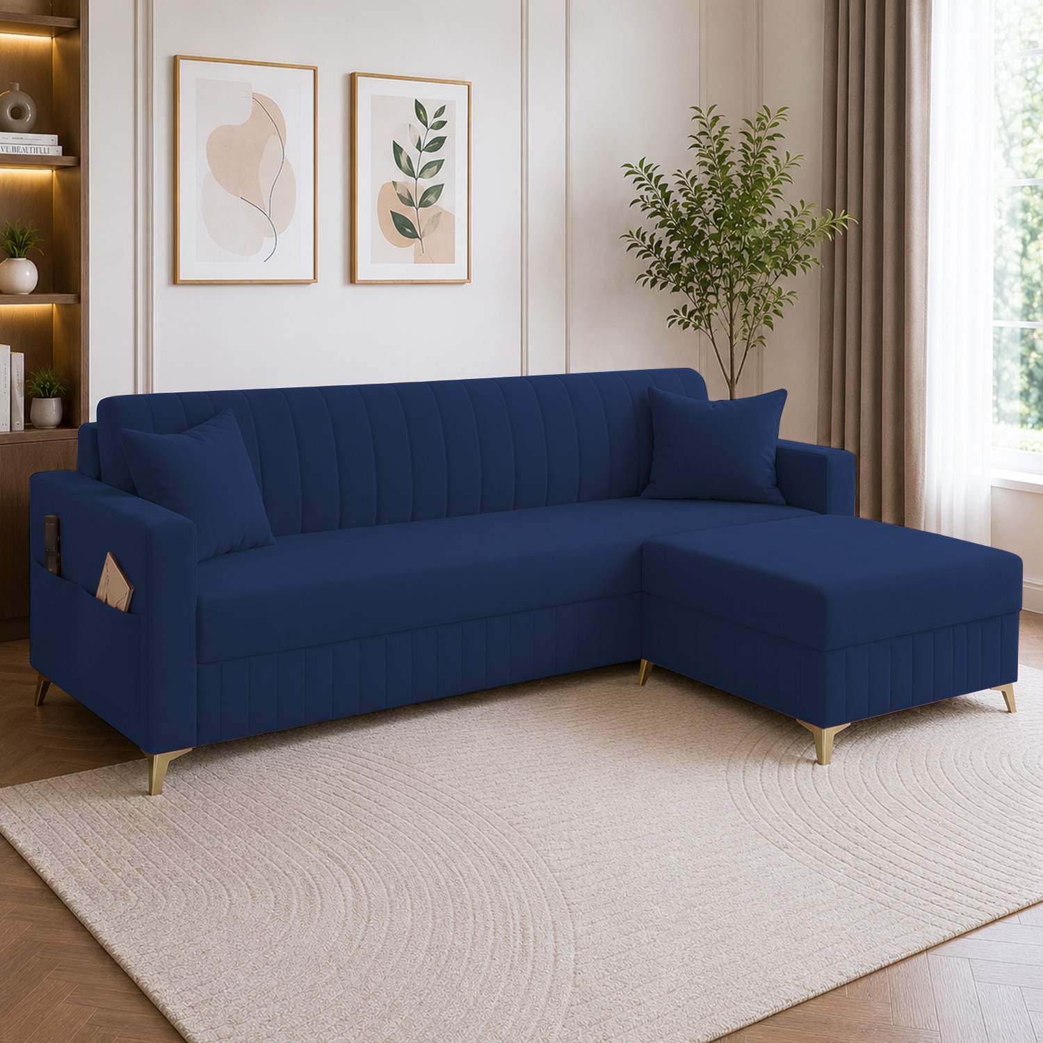 Convil Velvet L Shape 4 Seater Sofa in Navy Blue Color - Home Lifestylez