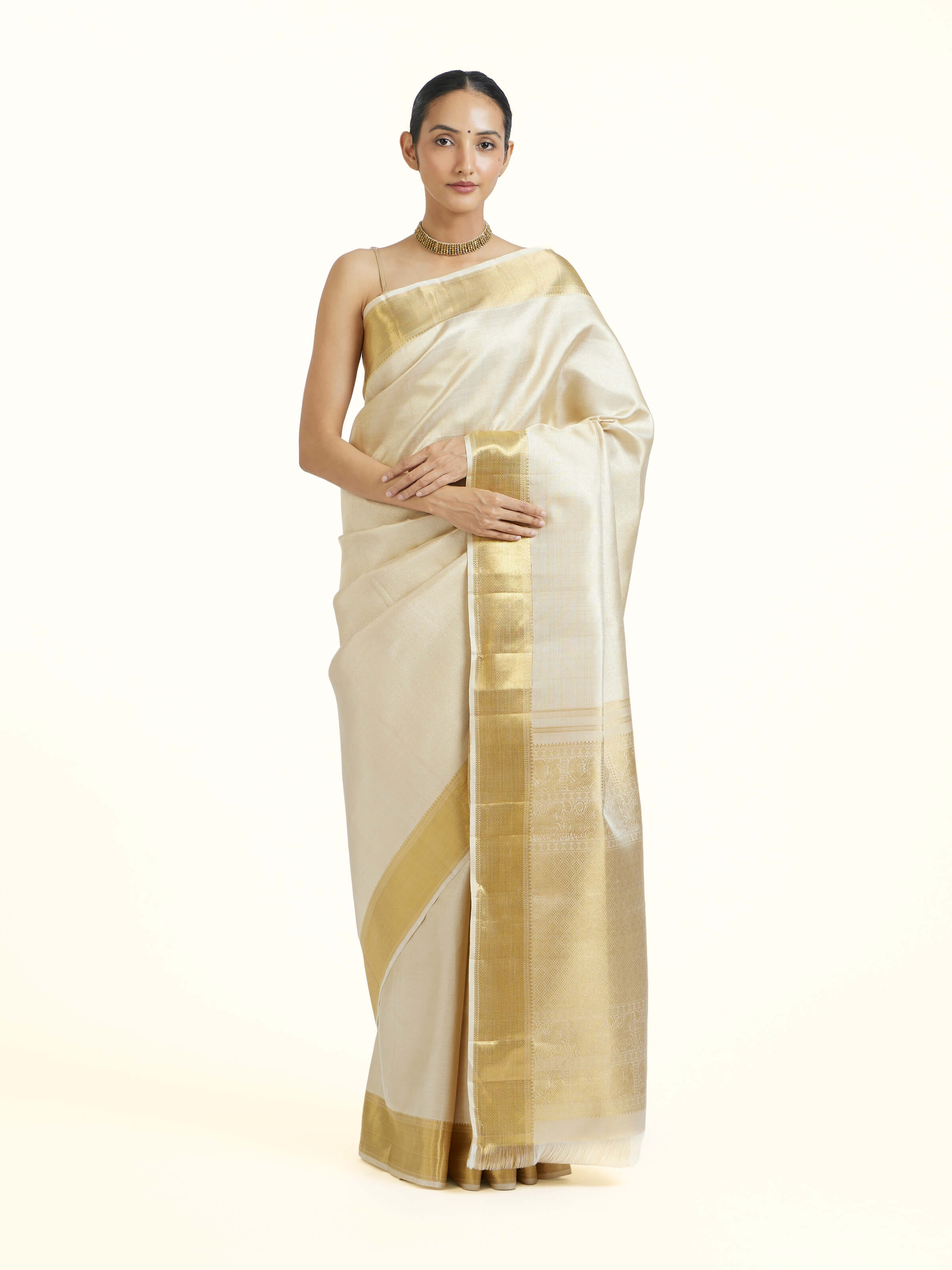 Beige Kancheepuram Silk Zari Saree